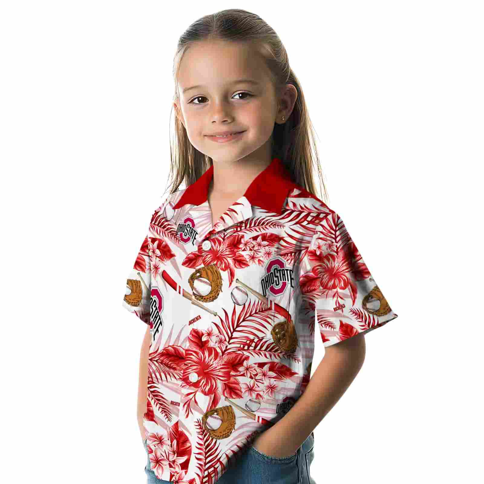 custom ohio state buckeyes floral baseball scarlet white hawaiian shirt premium grade