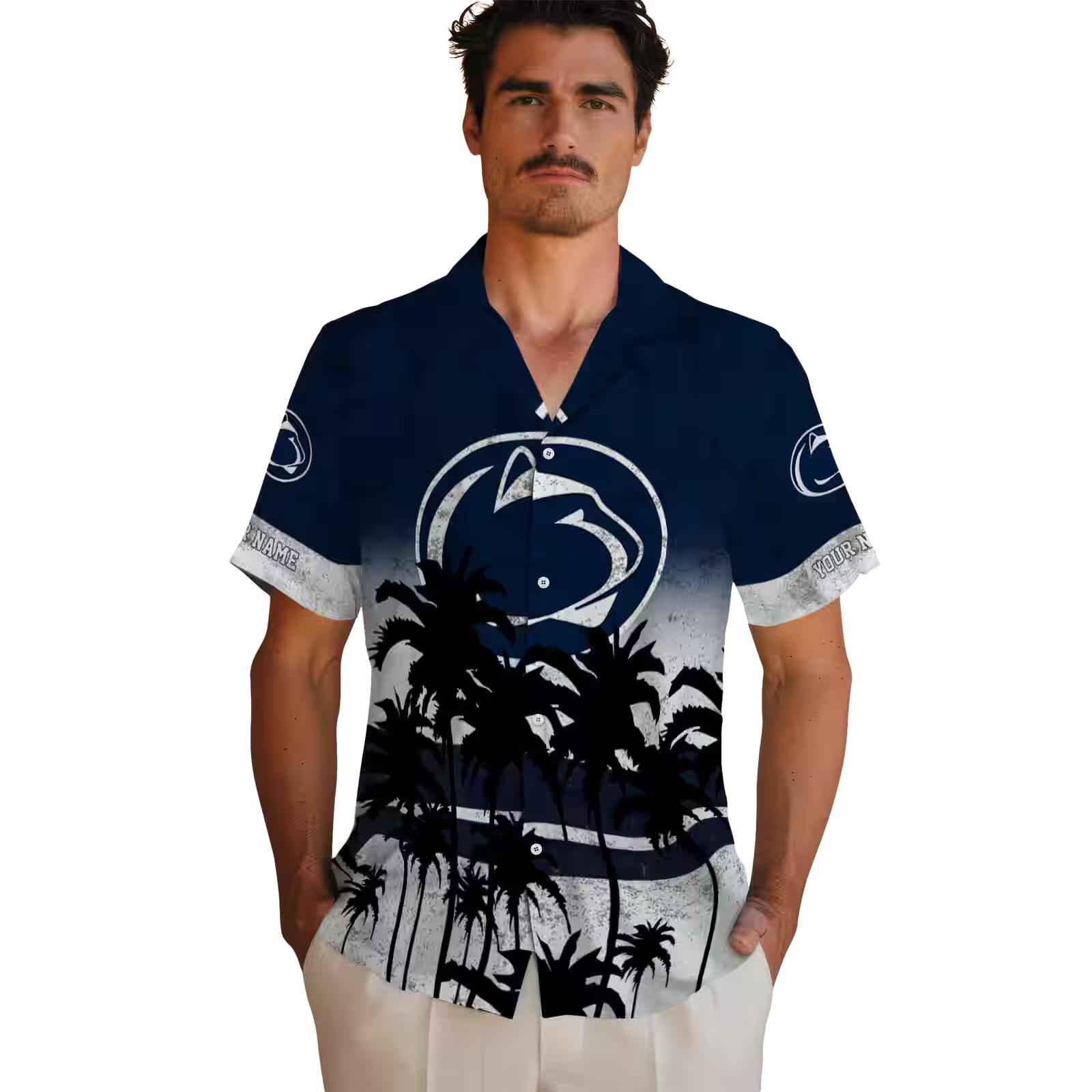 custom penn state nittany lions sunset pattern blue black hawaiian shirt fashion forward