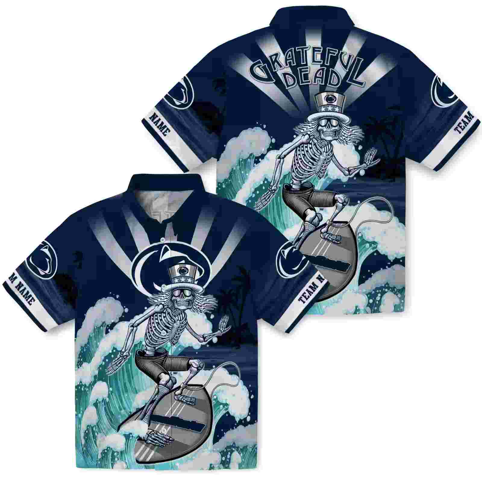 custom penn state nittany lions surfing skeleton blue hawaiian shirt high quality