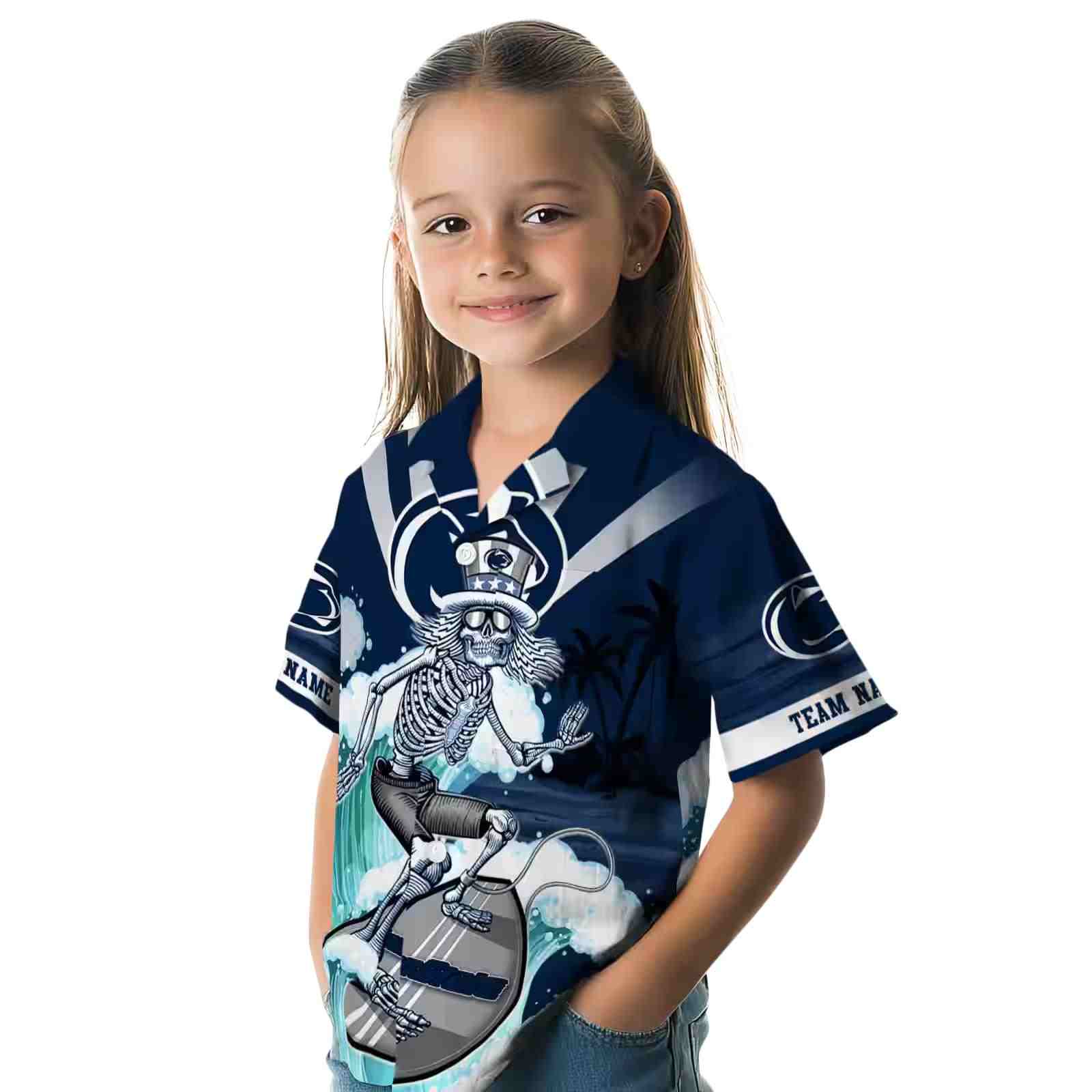 custom penn state nittany lions surfing skeleton blue hawaiian shirt premium grade