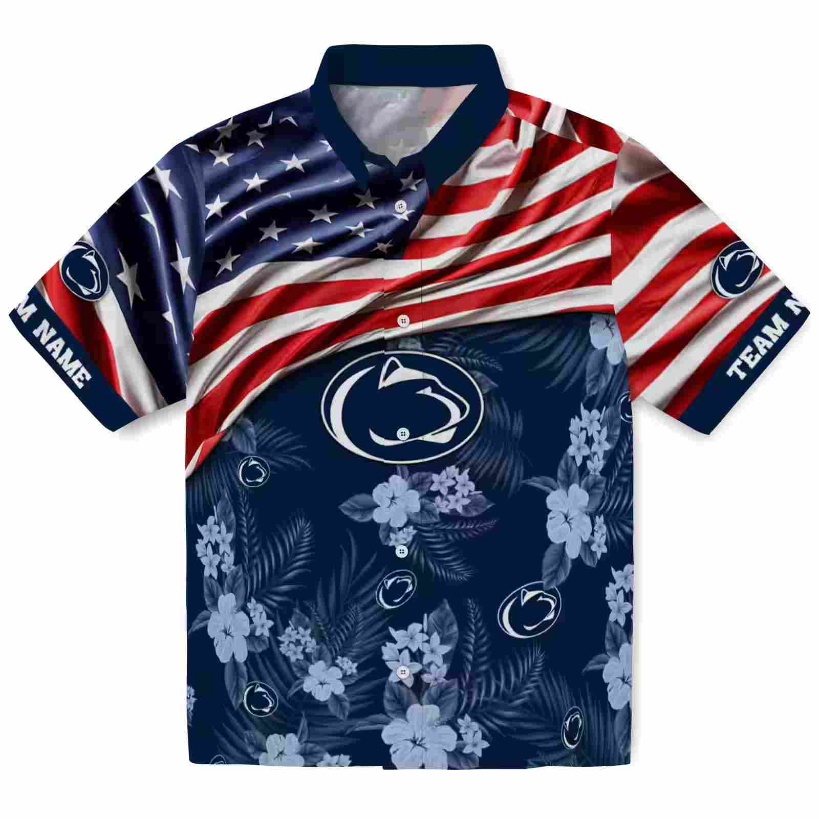 custom penn state nittany lions us flag hibiscus blue hawaiian shirt best selling