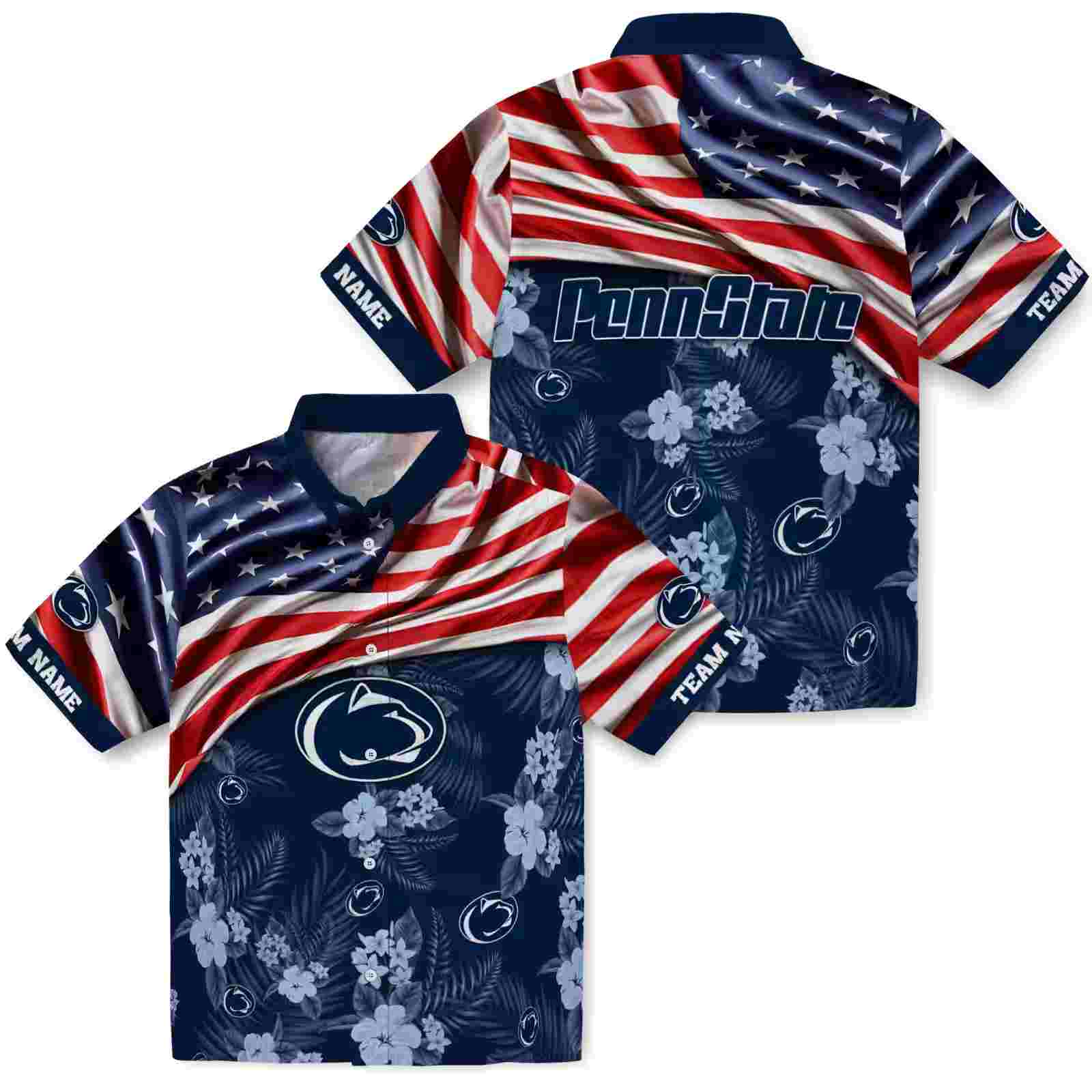 custom penn state nittany lions us flag hibiscus blue hawaiian shirt high quality