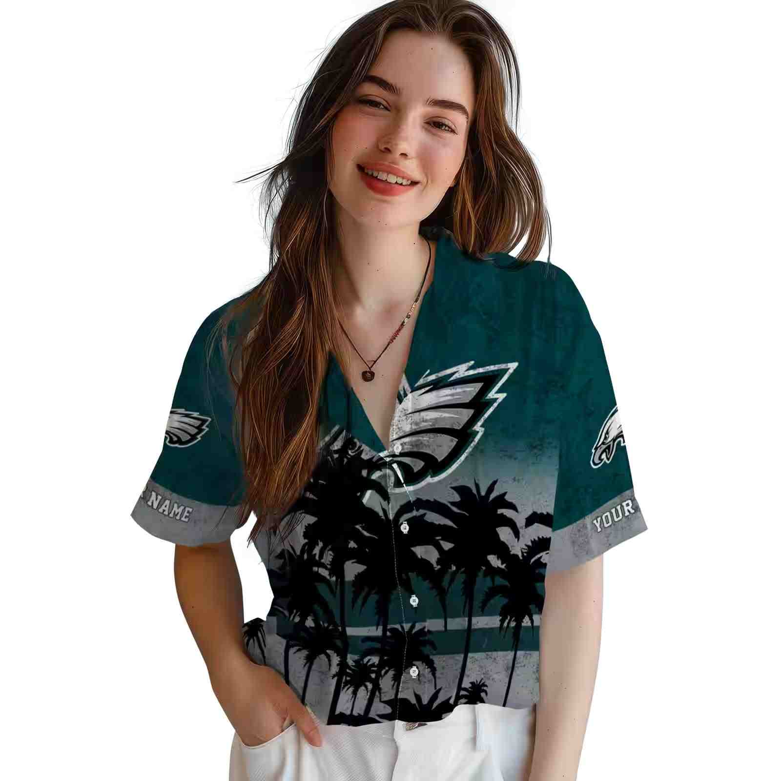 custom philadelphia eagles sunset pattern green black hawaiian shirt latest model