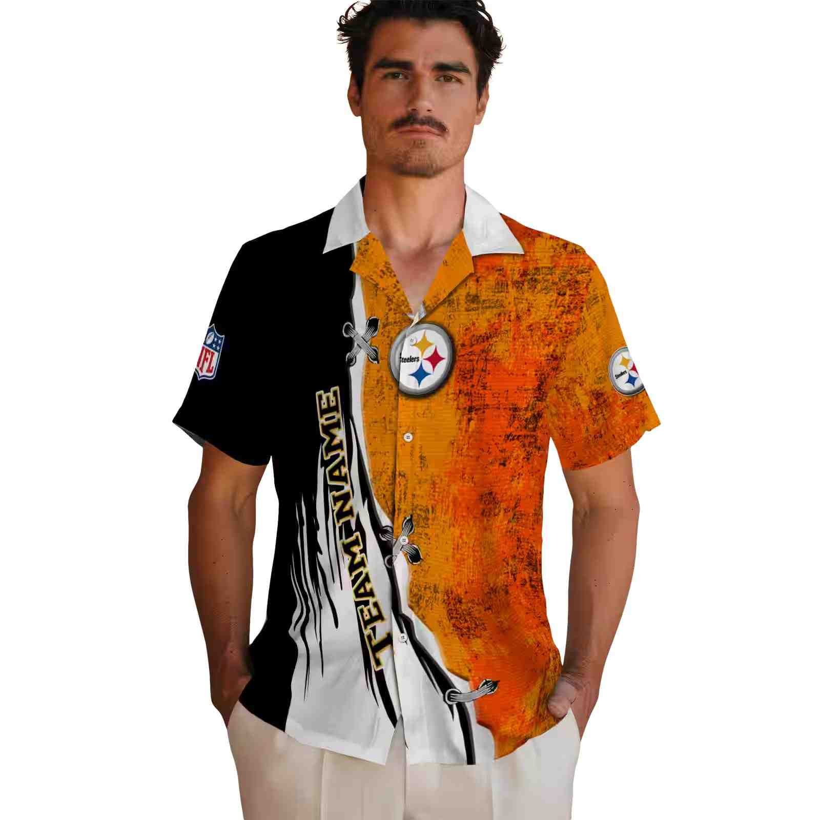 custom pittsburgh steelers edgy streaks gold white hawaiian shirt fashion forward