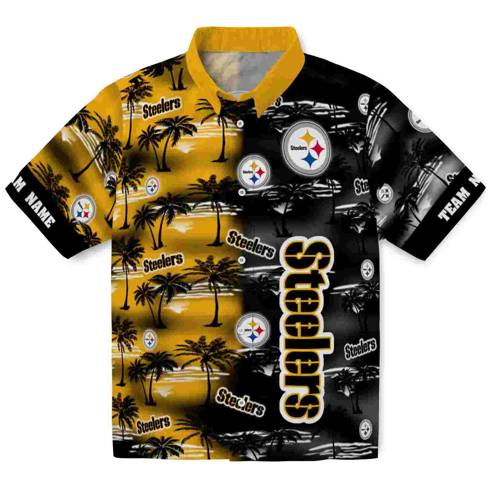 Custom Pittsburgh Steelers Palm Silhouettes Gold Hawaiian Shirt