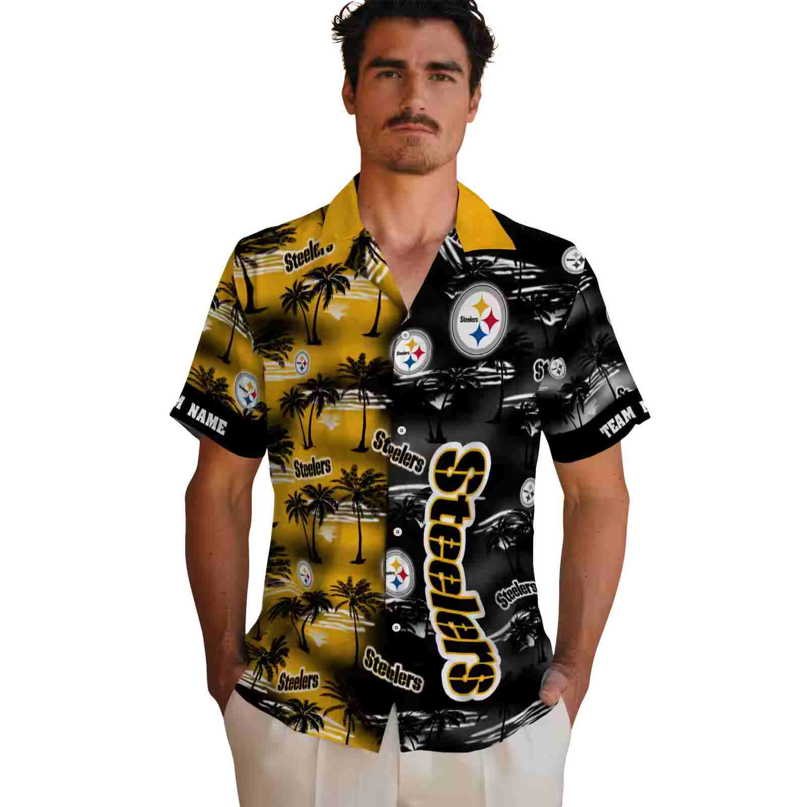 custom pittsburgh steelers palm silhouettes gold hawaiian shirt fashion forward