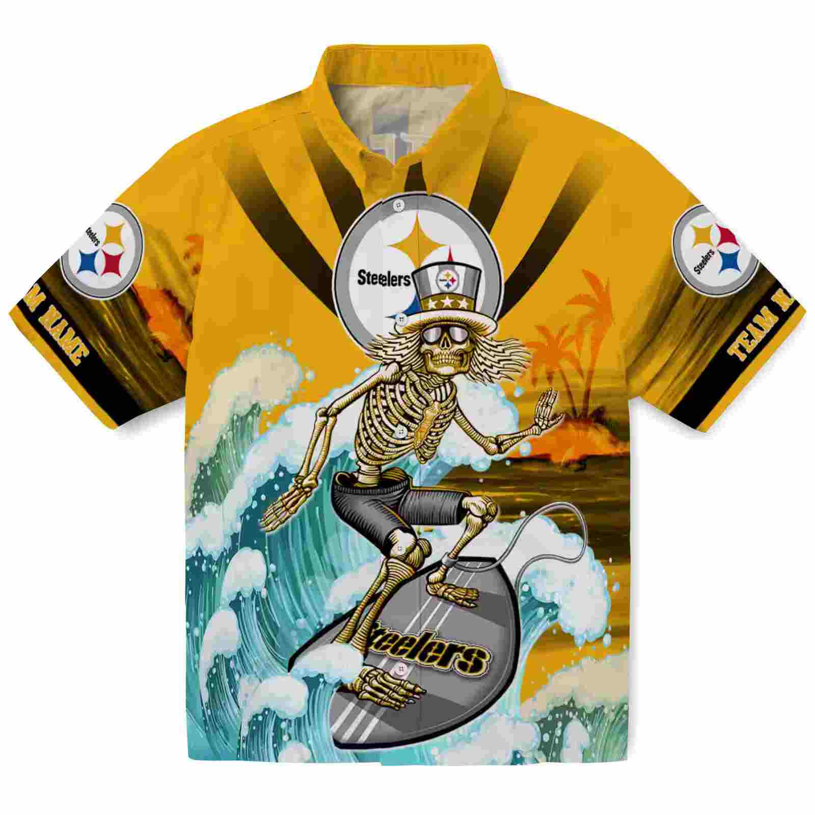 Custom Pittsburgh Steelers Surfing Skeleton Gold Blue Hawaiian Shirt