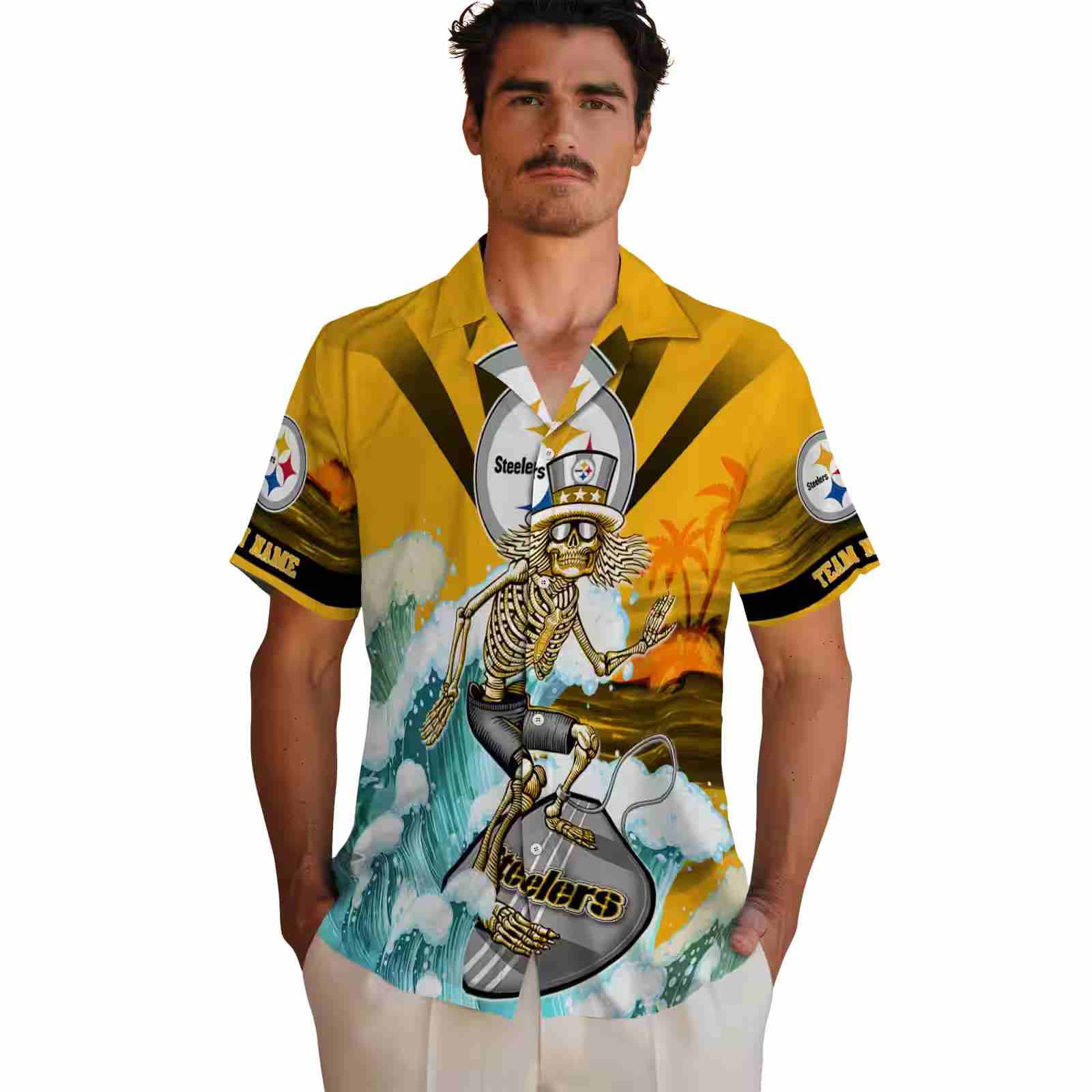 custom pittsburgh steelers surfing skeleton gold blue hawaiian shirt fashion forward