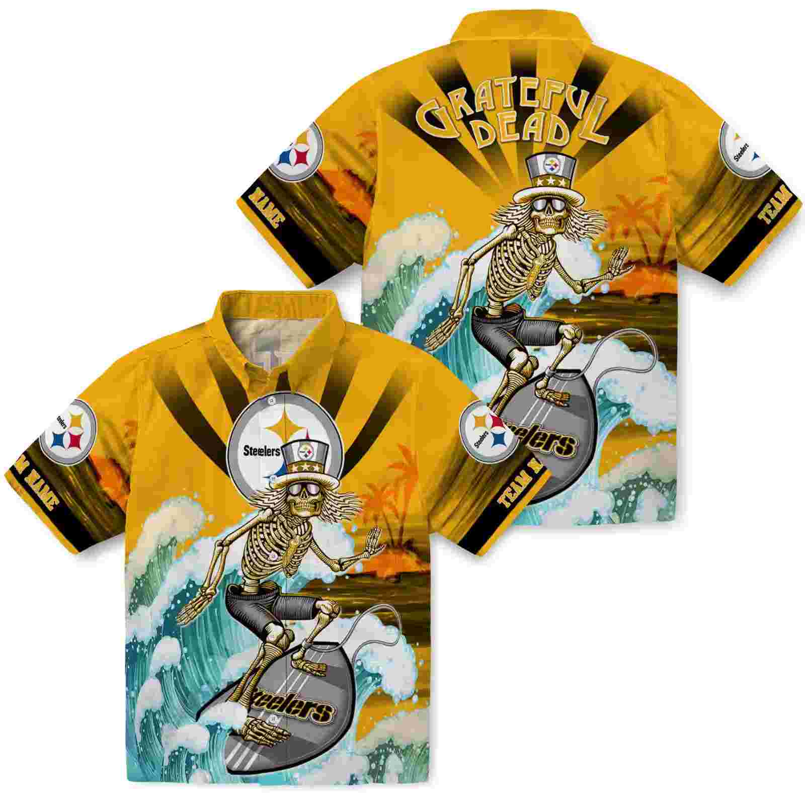 custom pittsburgh steelers surfing skeleton gold blue hawaiian shirt high quality