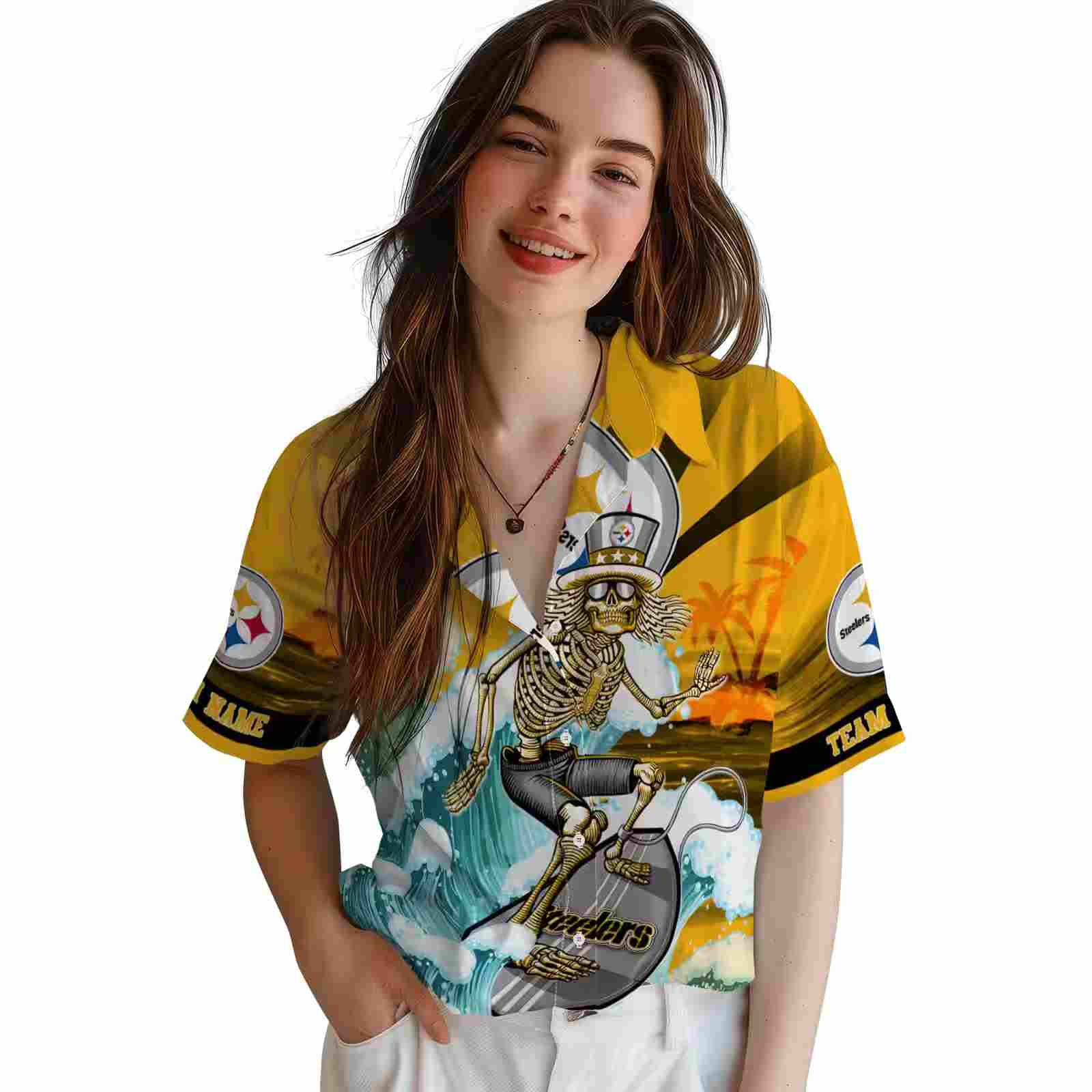 custom pittsburgh steelers surfing skeleton gold blue hawaiian shirt latest model