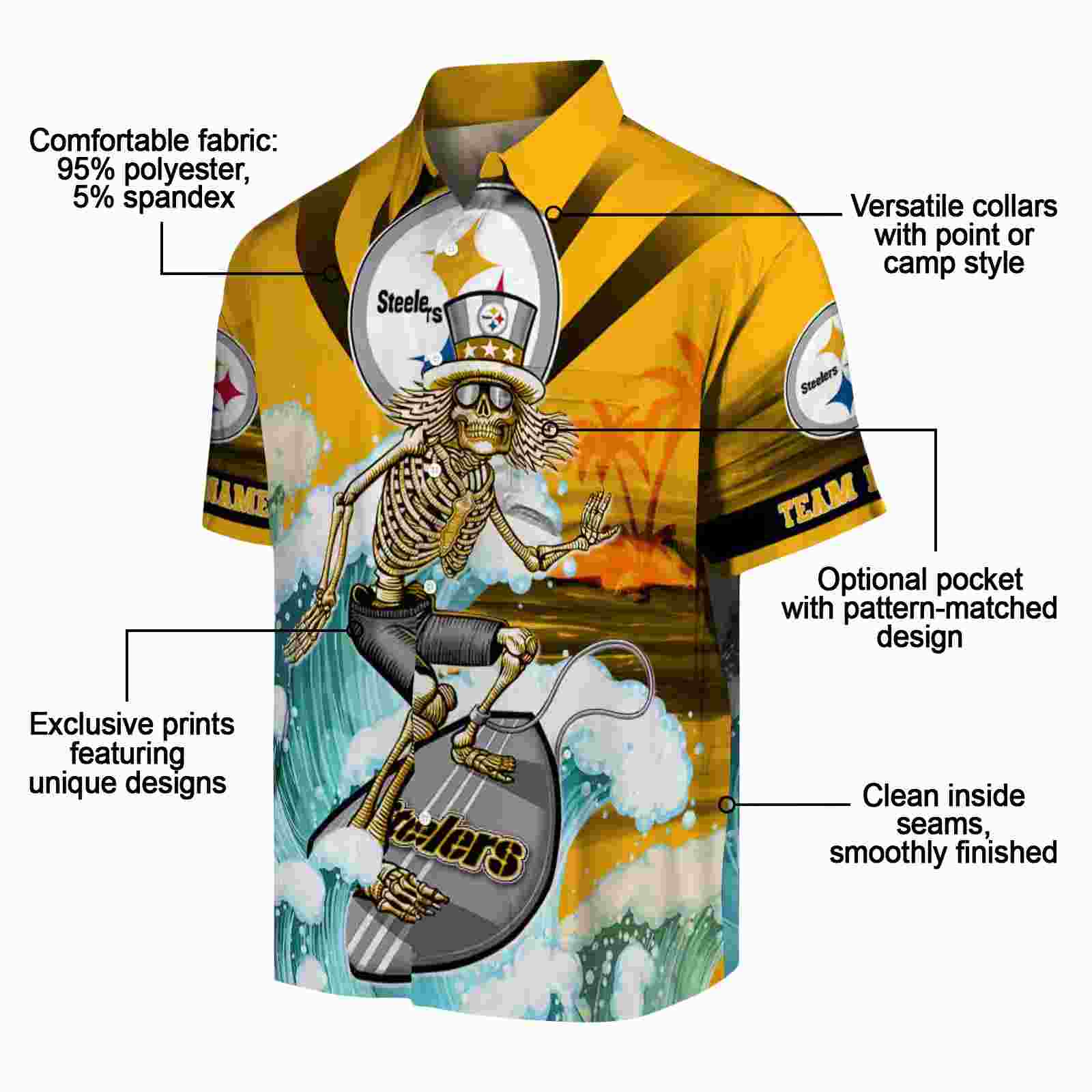 custom pittsburgh steelers surfing skeleton gold blue hawaiian shirt new arrival