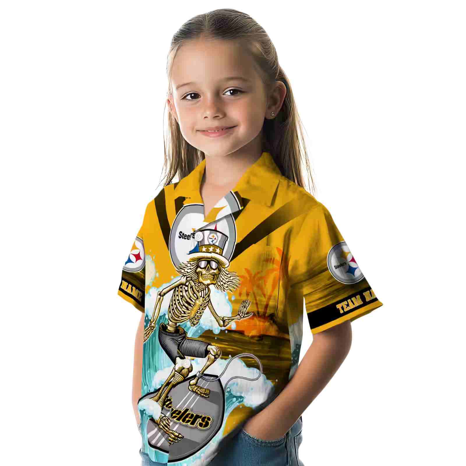 custom pittsburgh steelers surfing skeleton gold blue hawaiian shirt premium grade