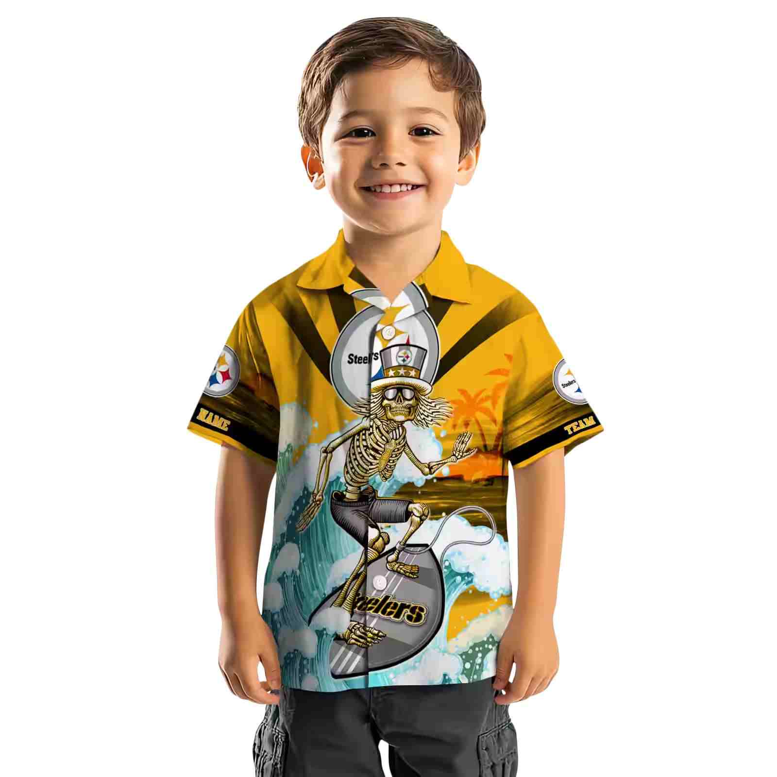 custom pittsburgh steelers surfing skeleton gold blue hawaiian shirt top rated