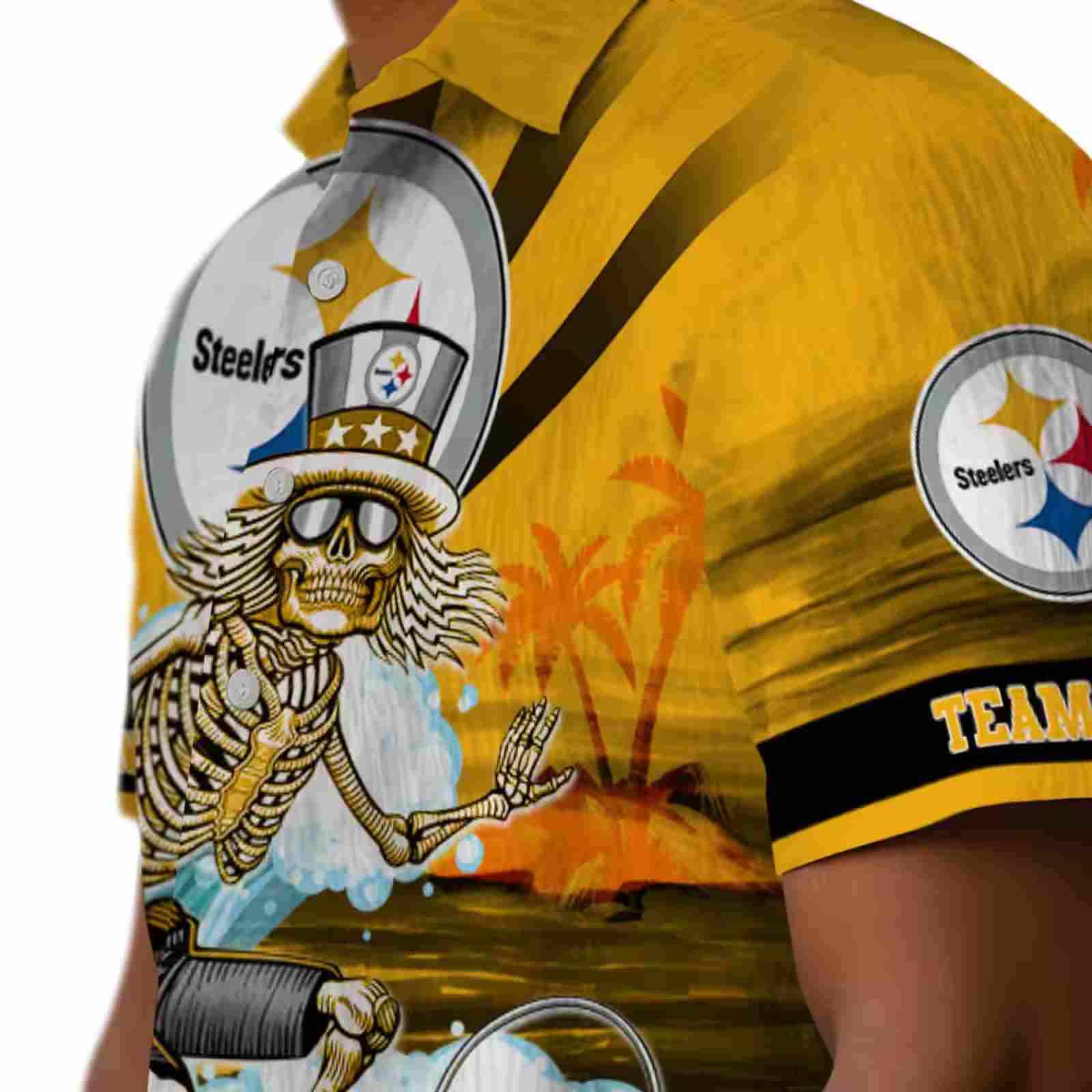 custom pittsburgh steelers surfing skeleton gold blue hawaiian shirt trendy