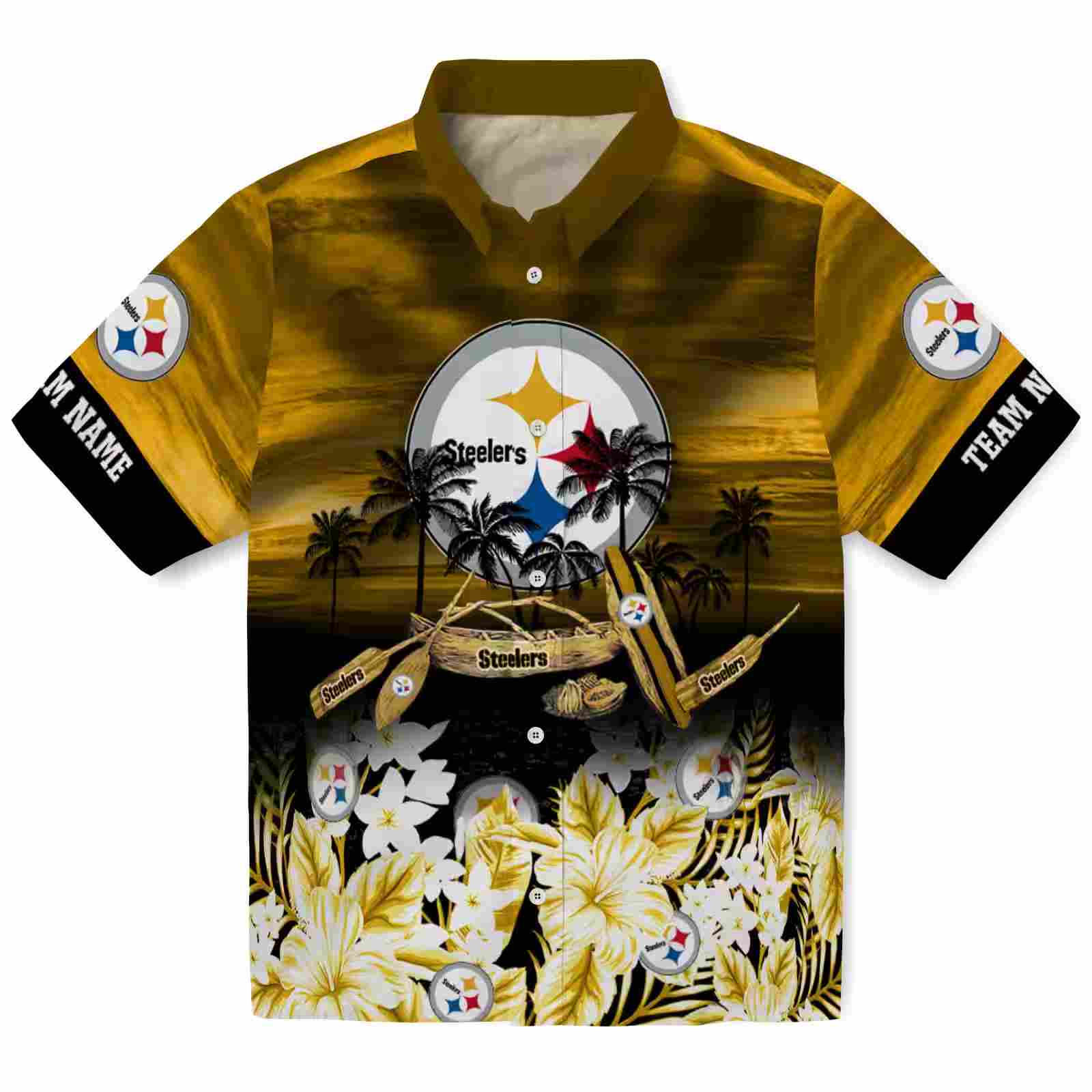 Custom Pittsburgh Steelers Tropical Canoe Gold Hawaiian Shirt