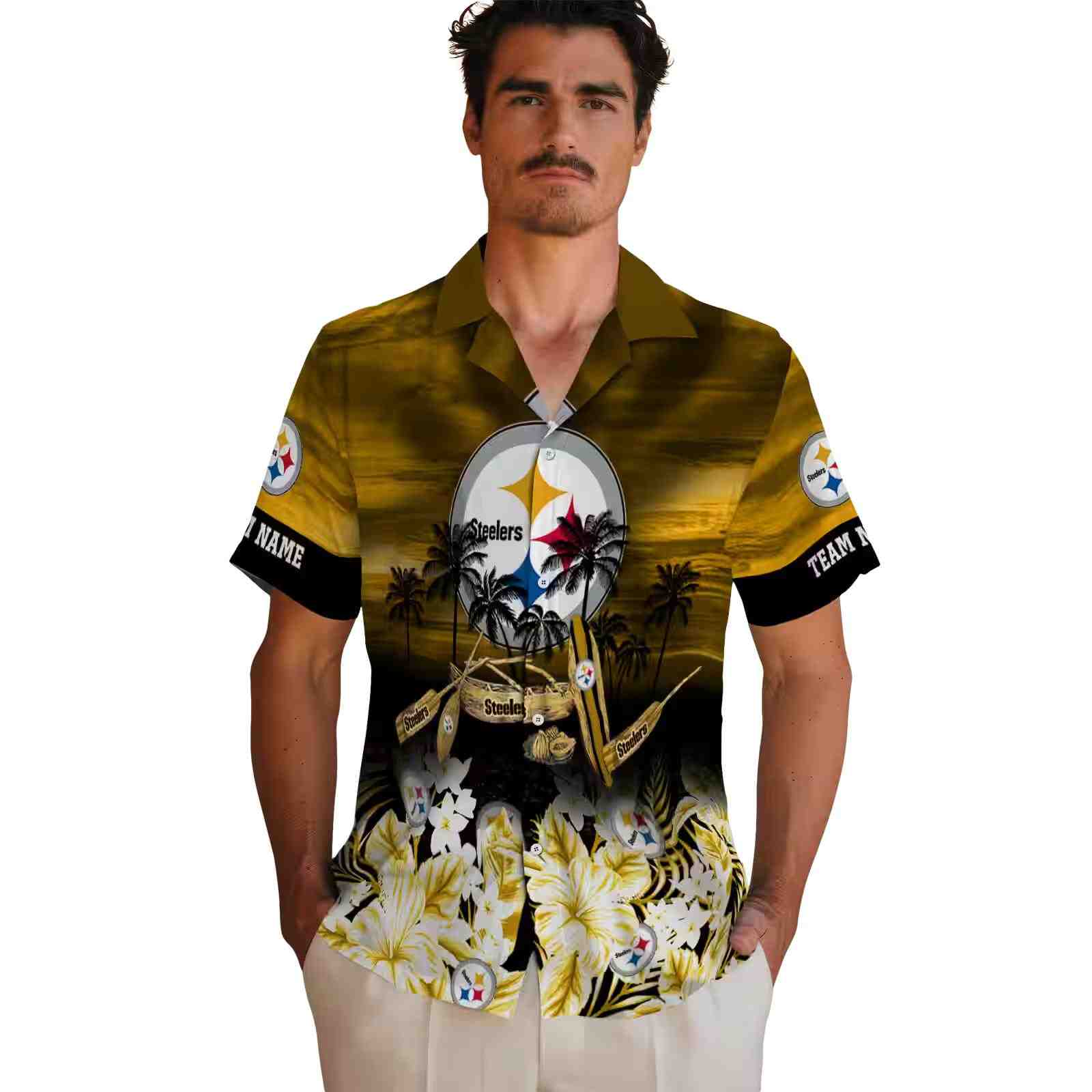 custom pittsburgh steelers tropical canoe gold hawaiian shirt fashion forward