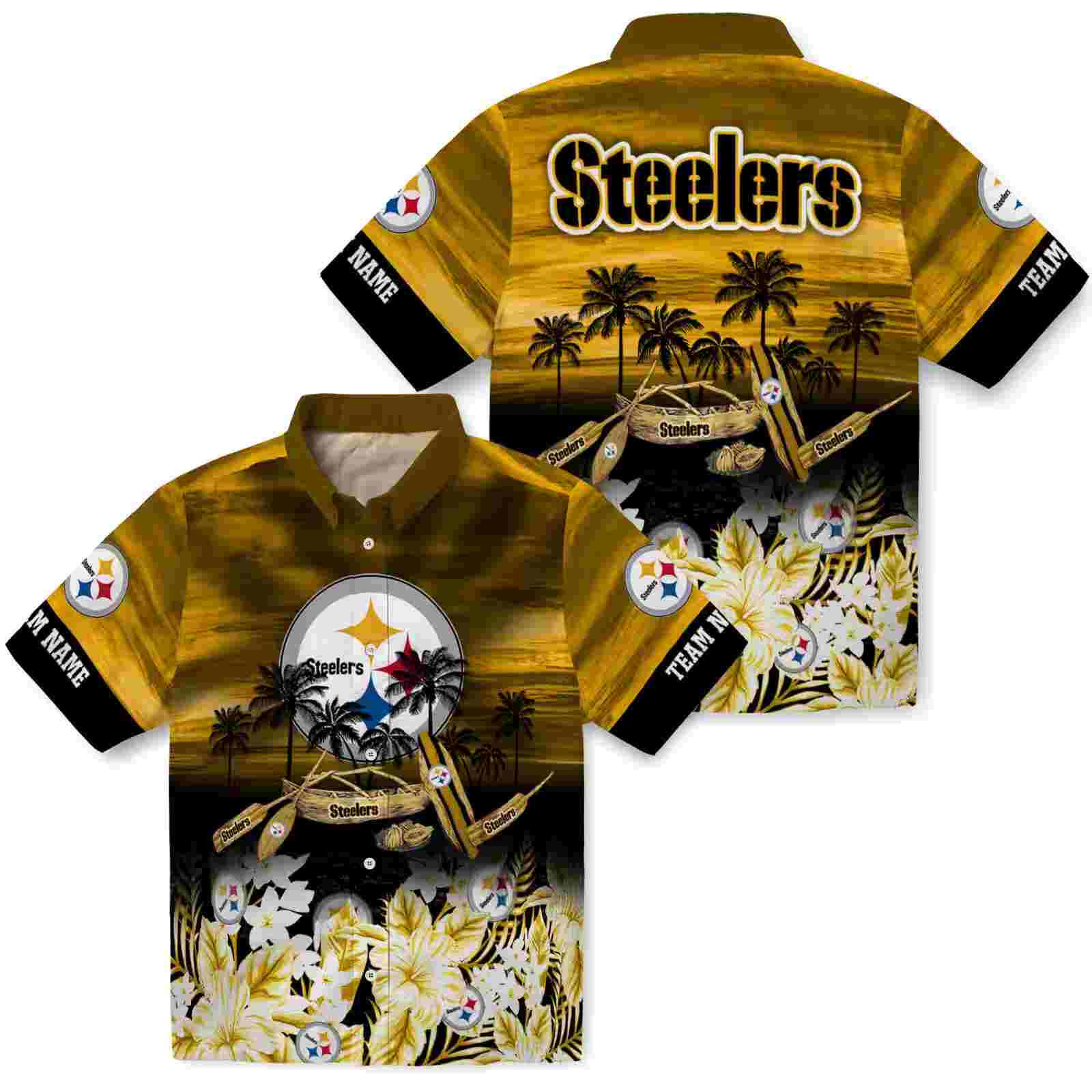 custom pittsburgh steelers tropical canoe gold hawaiian shirt high quality