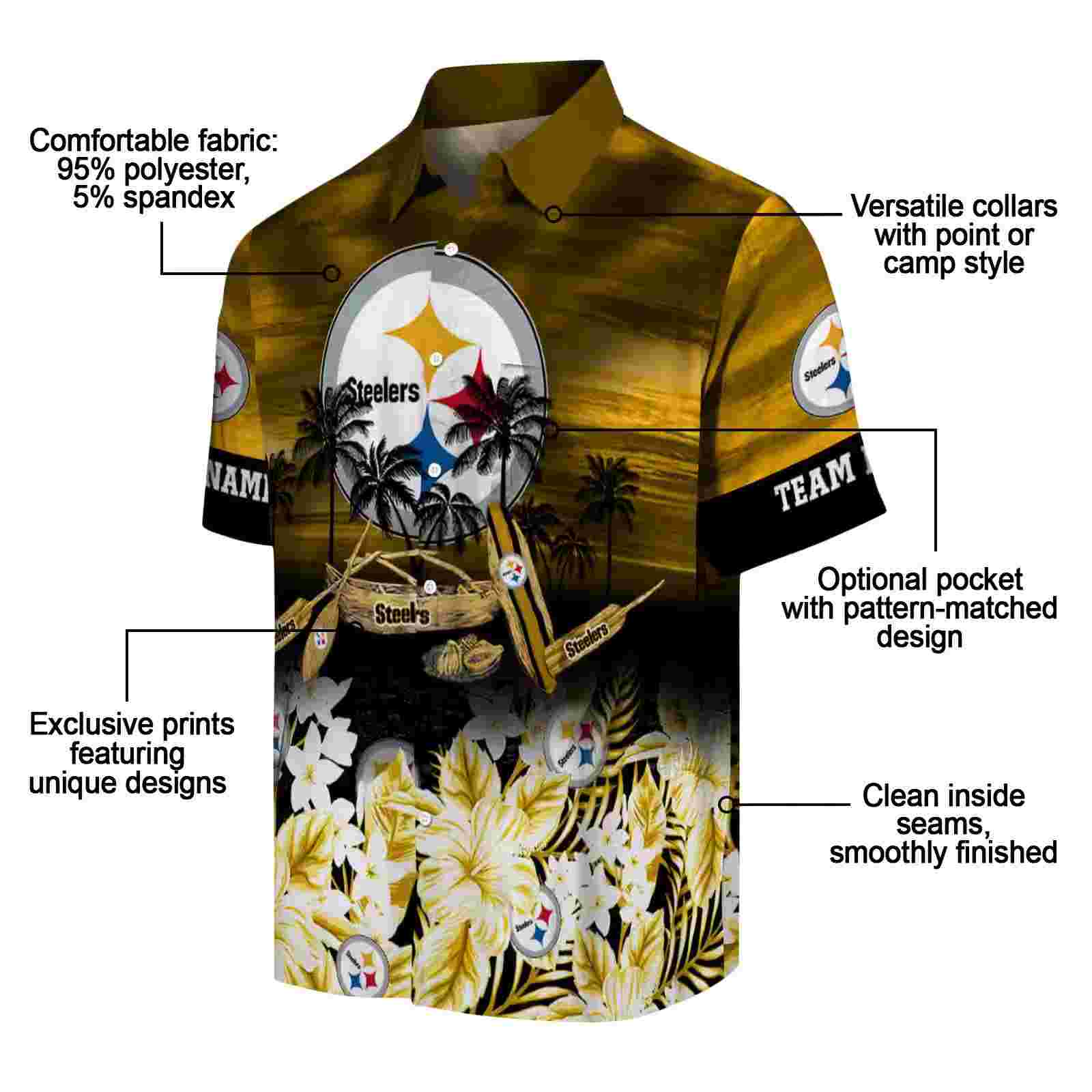 custom pittsburgh steelers tropical canoe gold hawaiian shirt new arrival