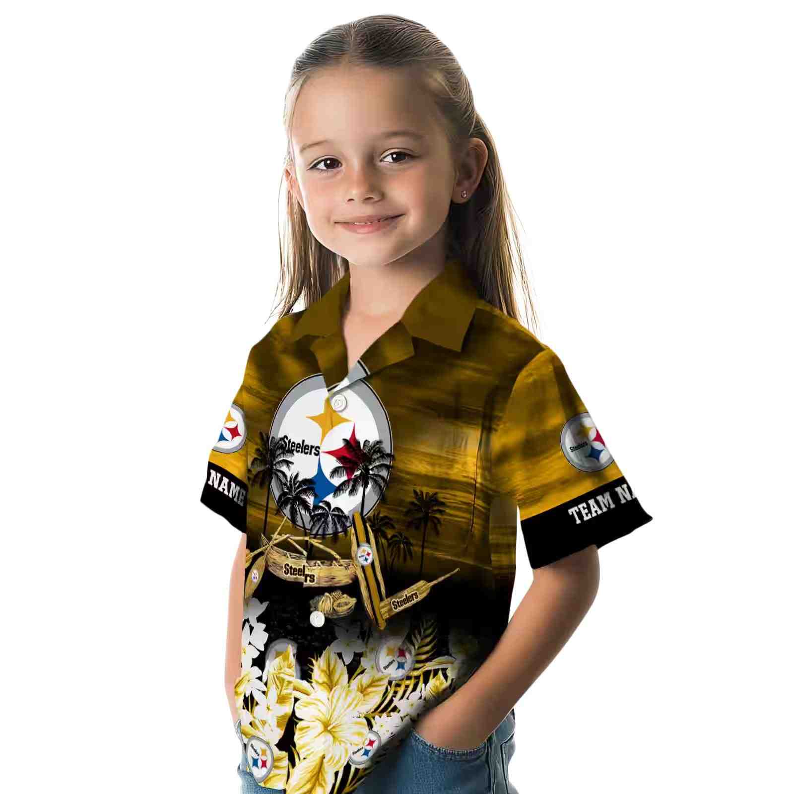 custom pittsburgh steelers tropical canoe gold hawaiian shirt premium grade