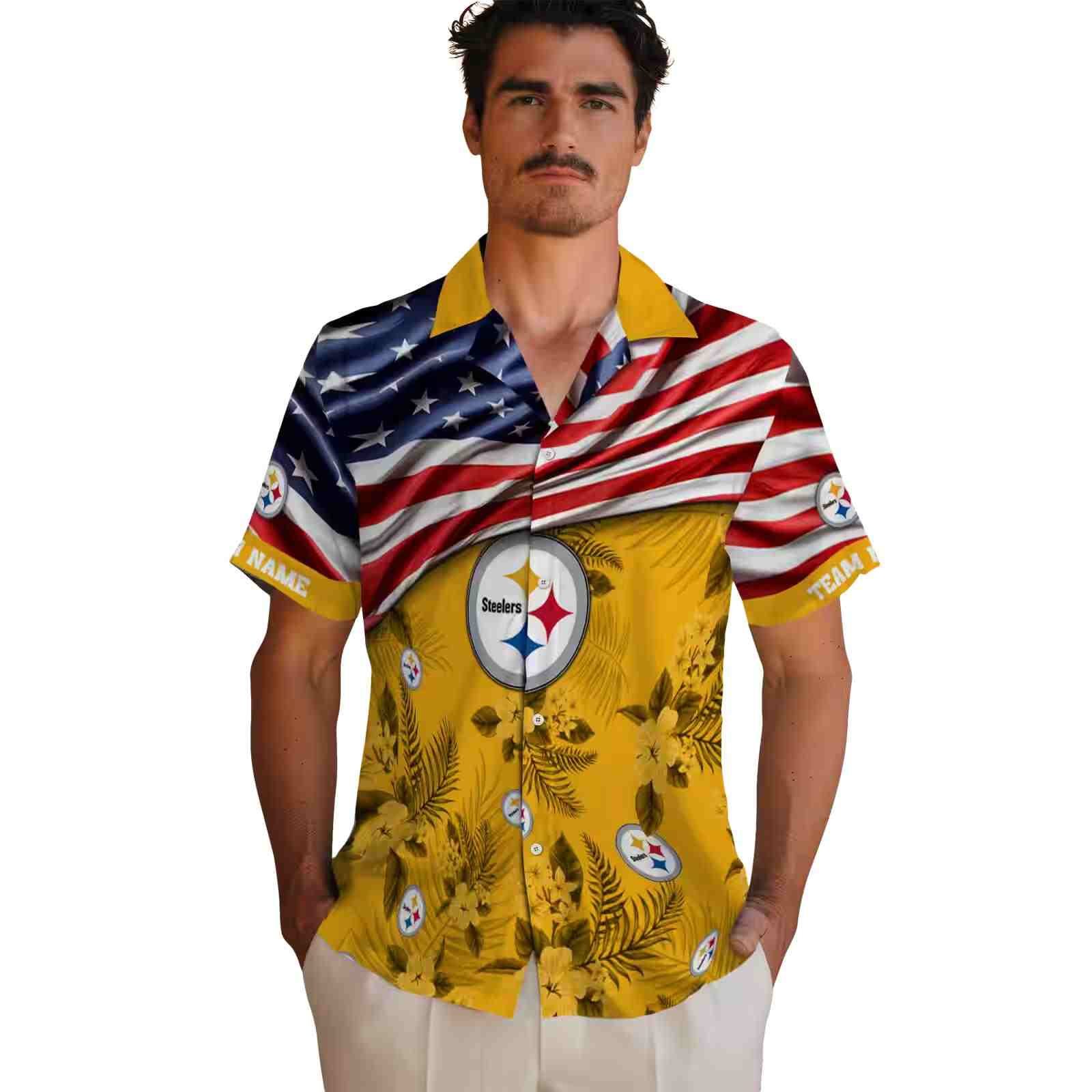 custom pittsburgh steelers us flag hibiscus gold hawaiian shirt fashion forward