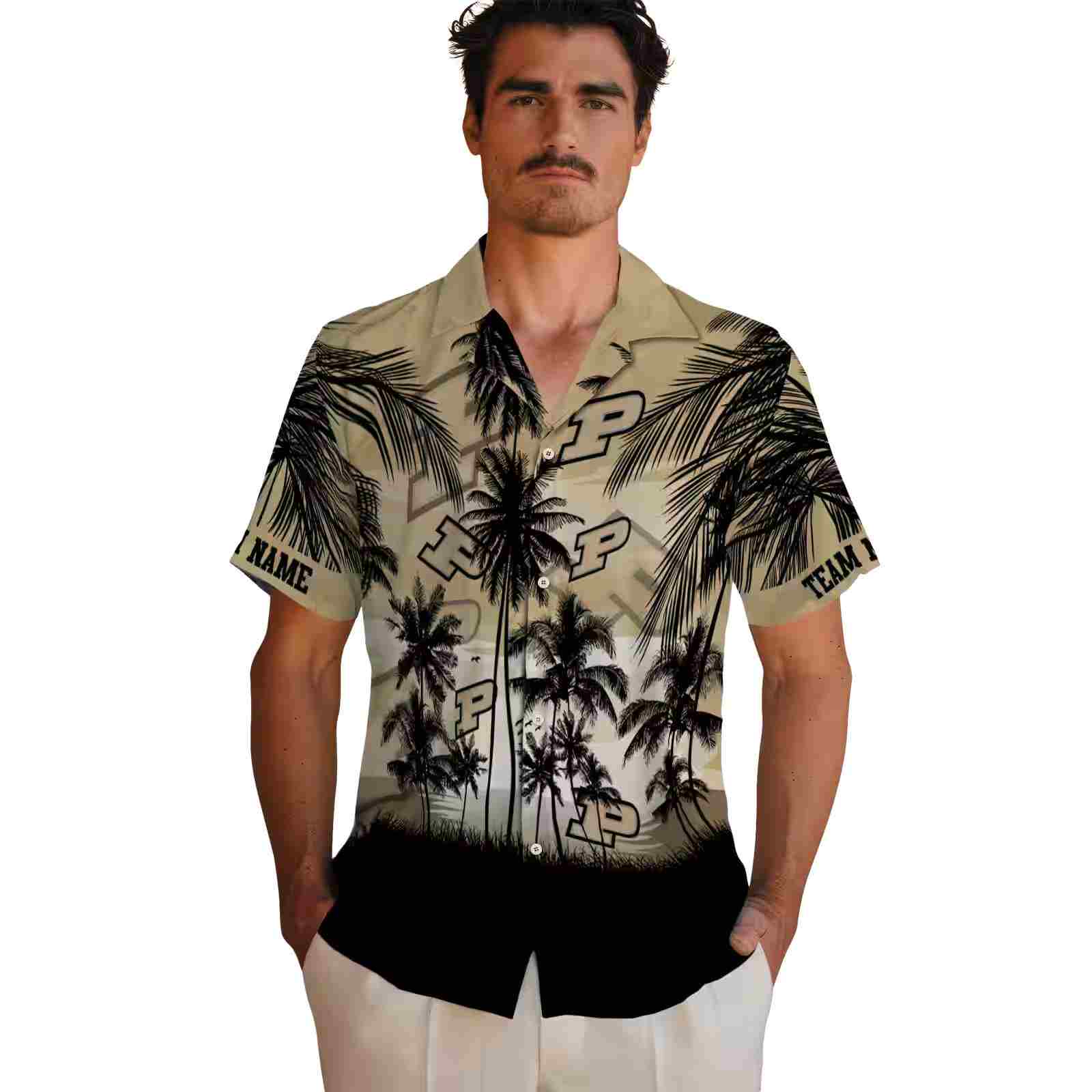 custom purdue boilermakers sunset scene gold black hawaiian shirt fashion forward