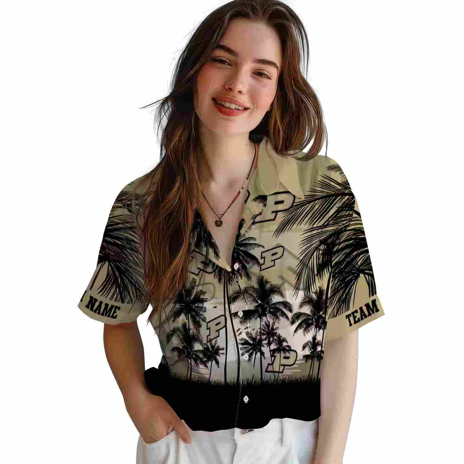 custom purdue boilermakers sunset scene gold black hawaiian shirt latest model