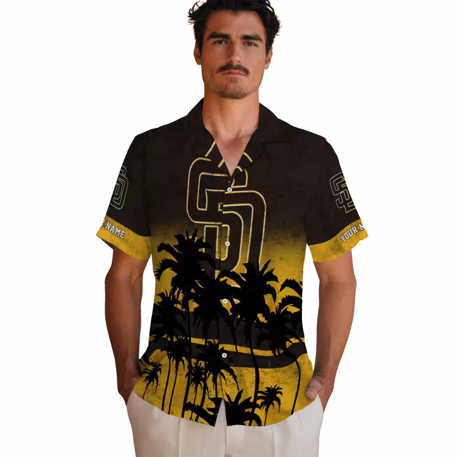 custom san diego padres sunset pattern brown black hawaiian shirt fashion forward