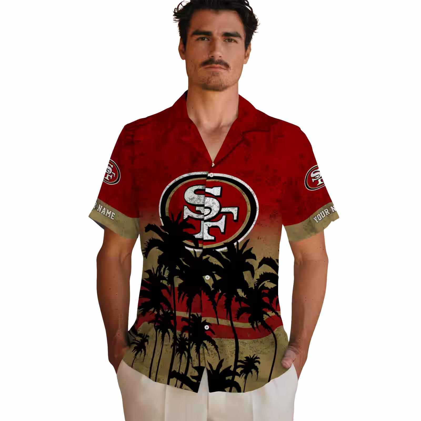 custom san francisco 49ers sunset pattern red black hawaiian shirt fashion forward