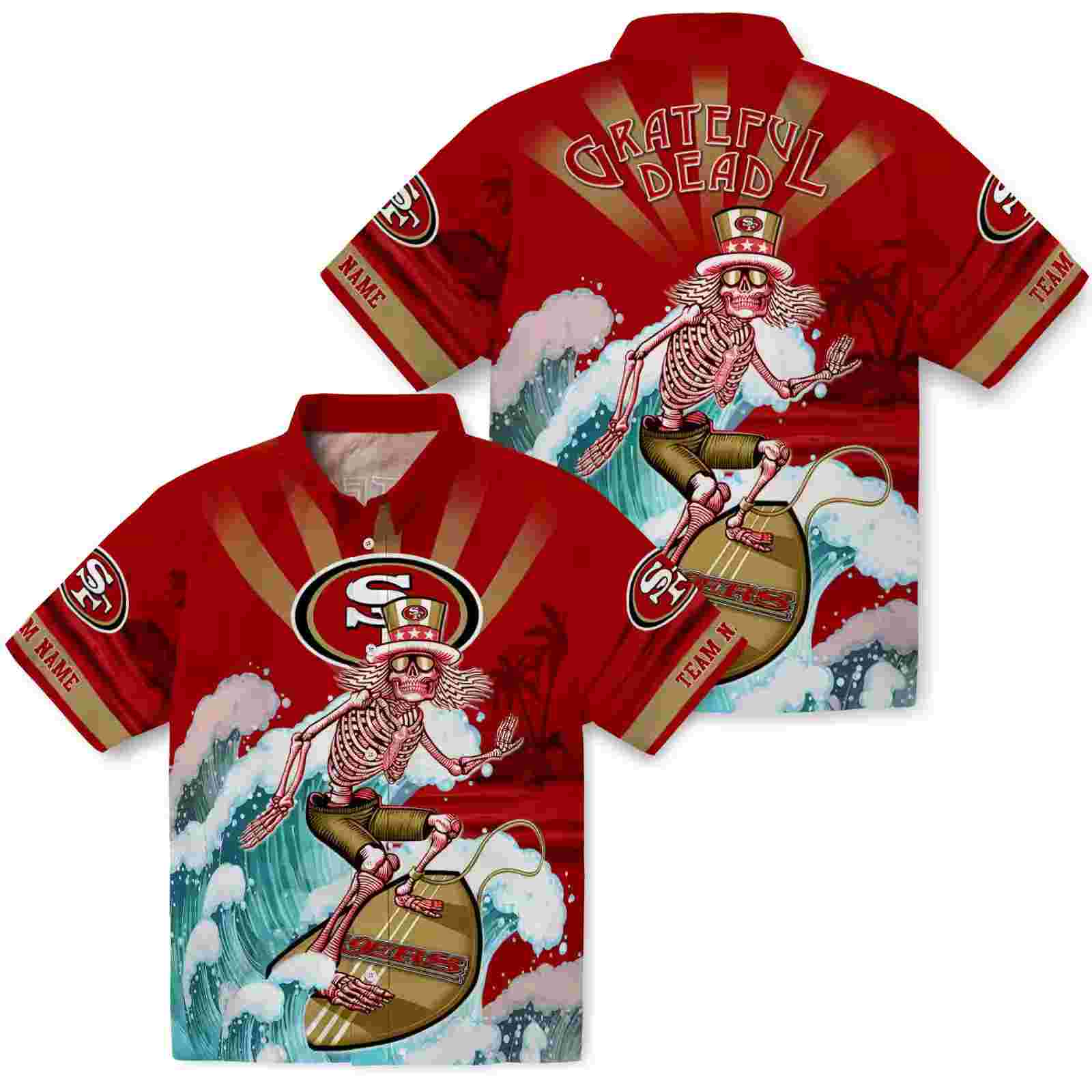 custom san francisco 49ers surfing skeleton red blue hawaiian shirt high quality