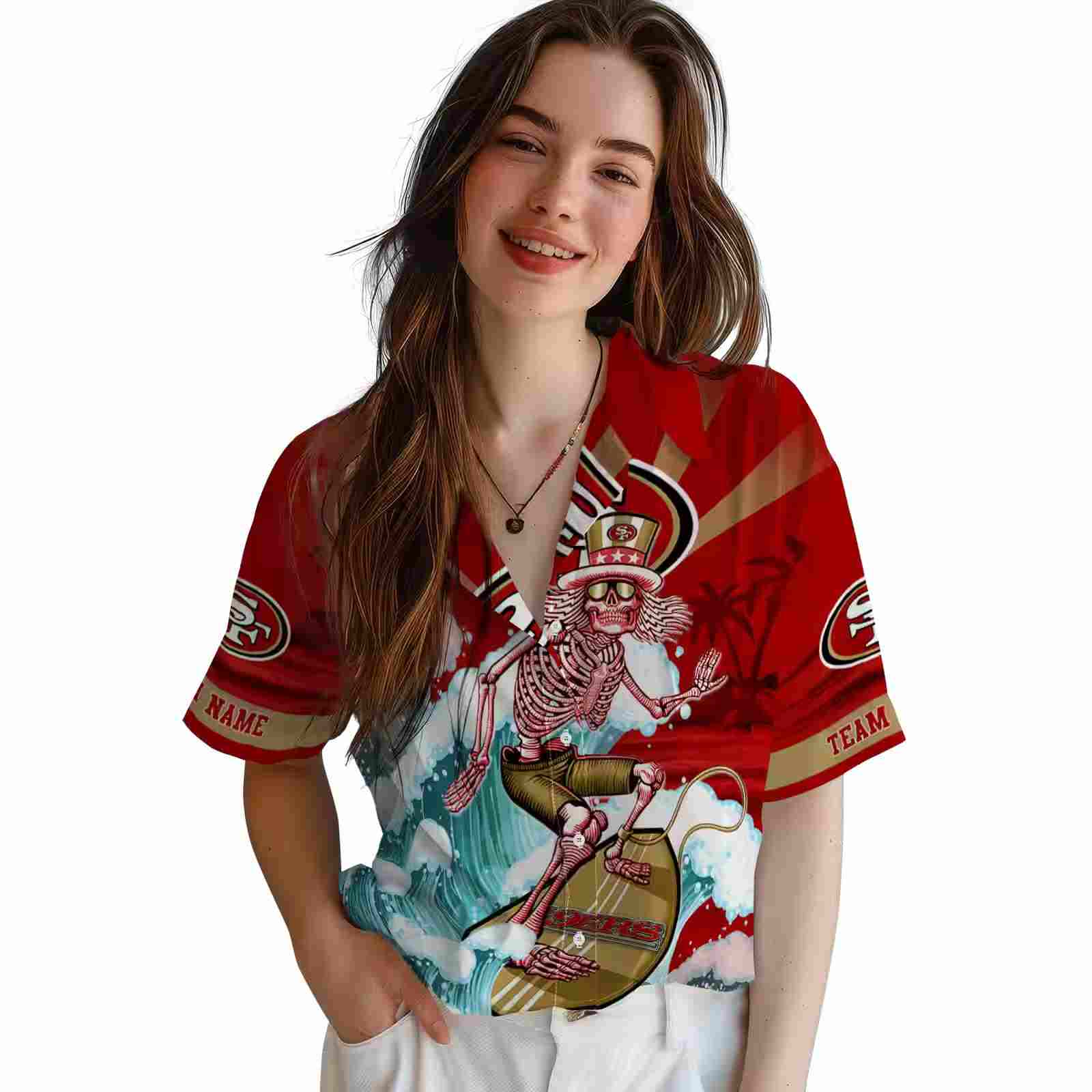 custom san francisco 49ers surfing skeleton red blue hawaiian shirt latest model