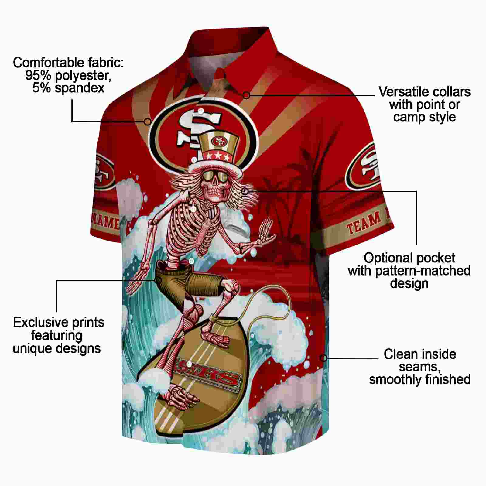 custom san francisco 49ers surfing skeleton red blue hawaiian shirt new arrival