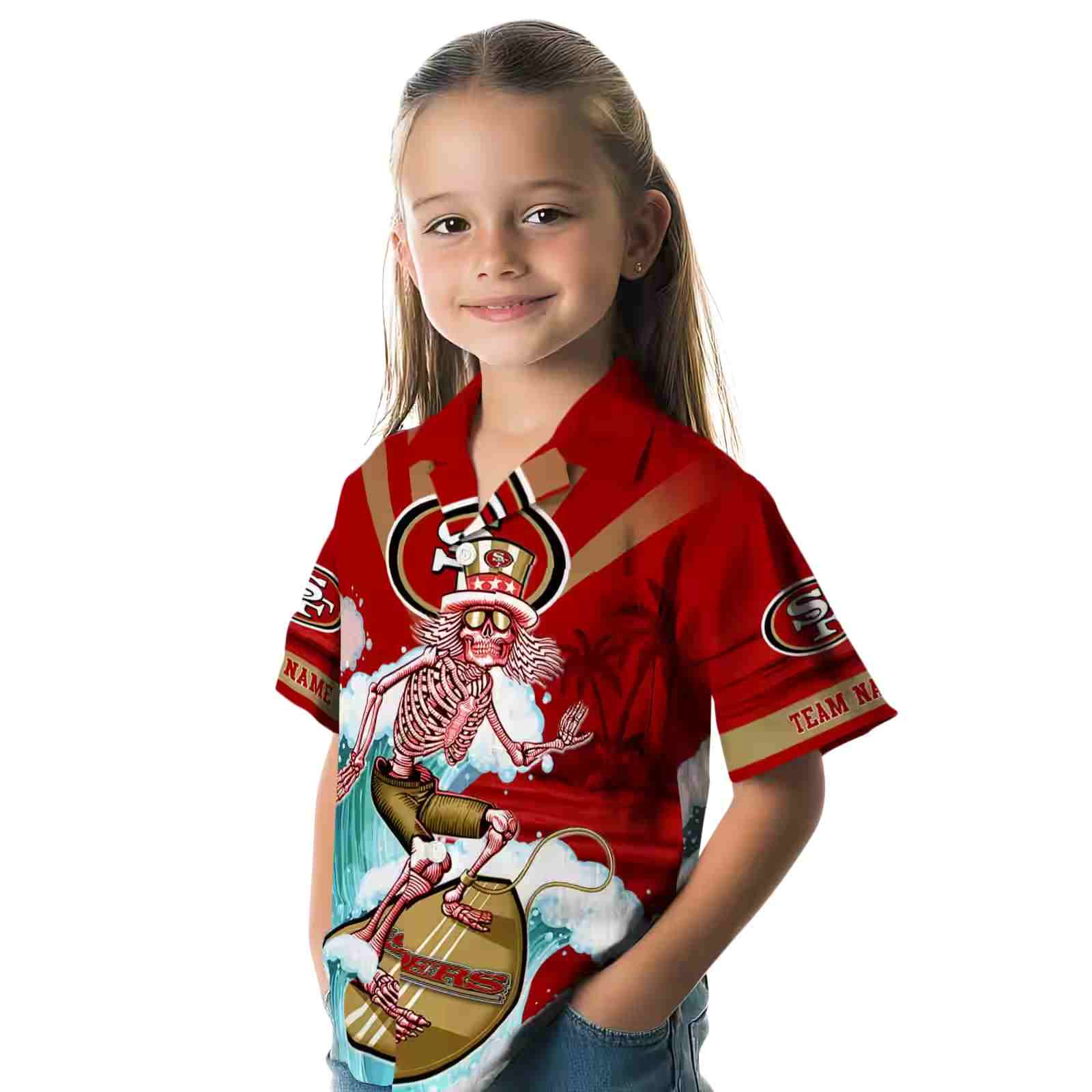 custom san francisco 49ers surfing skeleton red blue hawaiian shirt premium grade