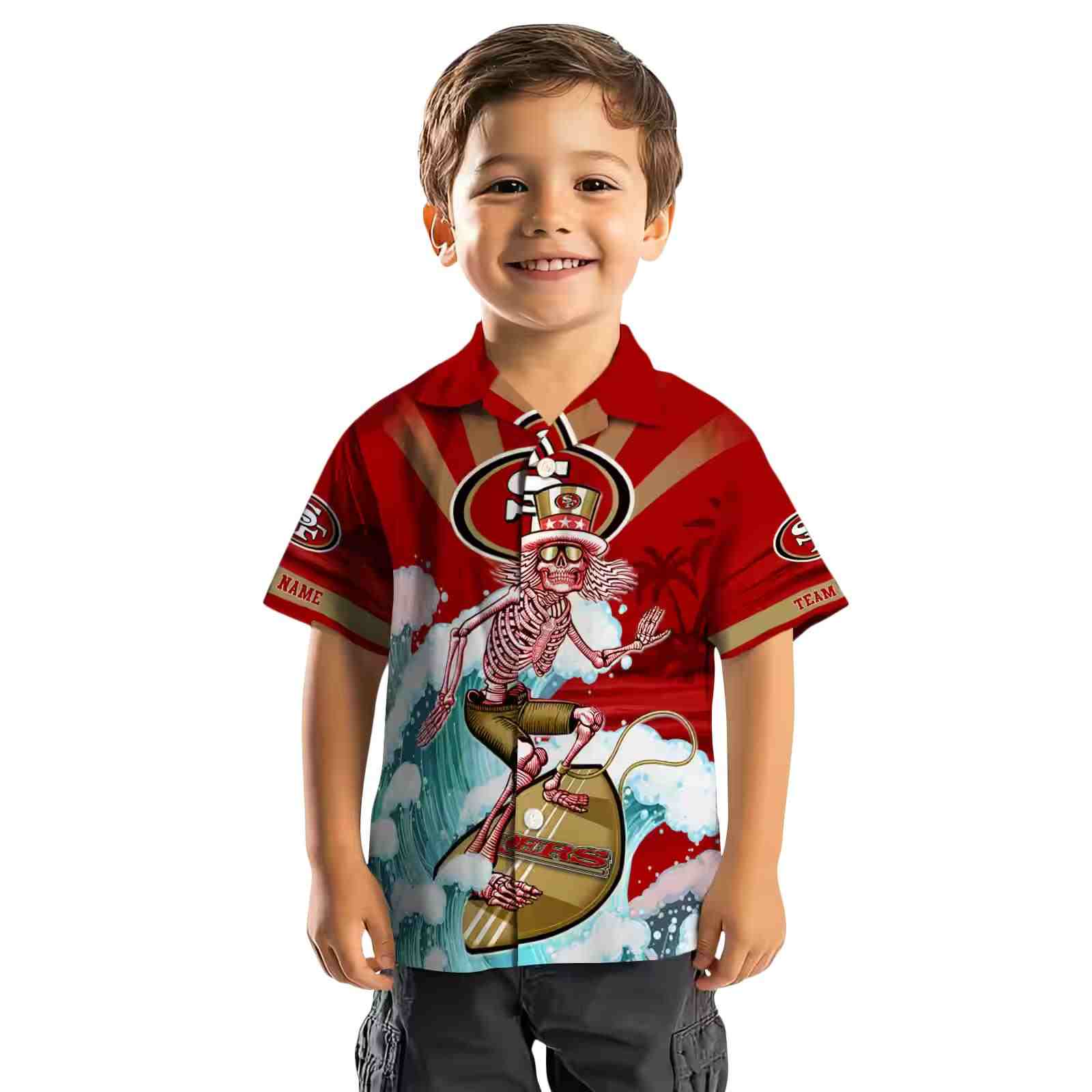 custom san francisco 49ers surfing skeleton red blue hawaiian shirt top rated