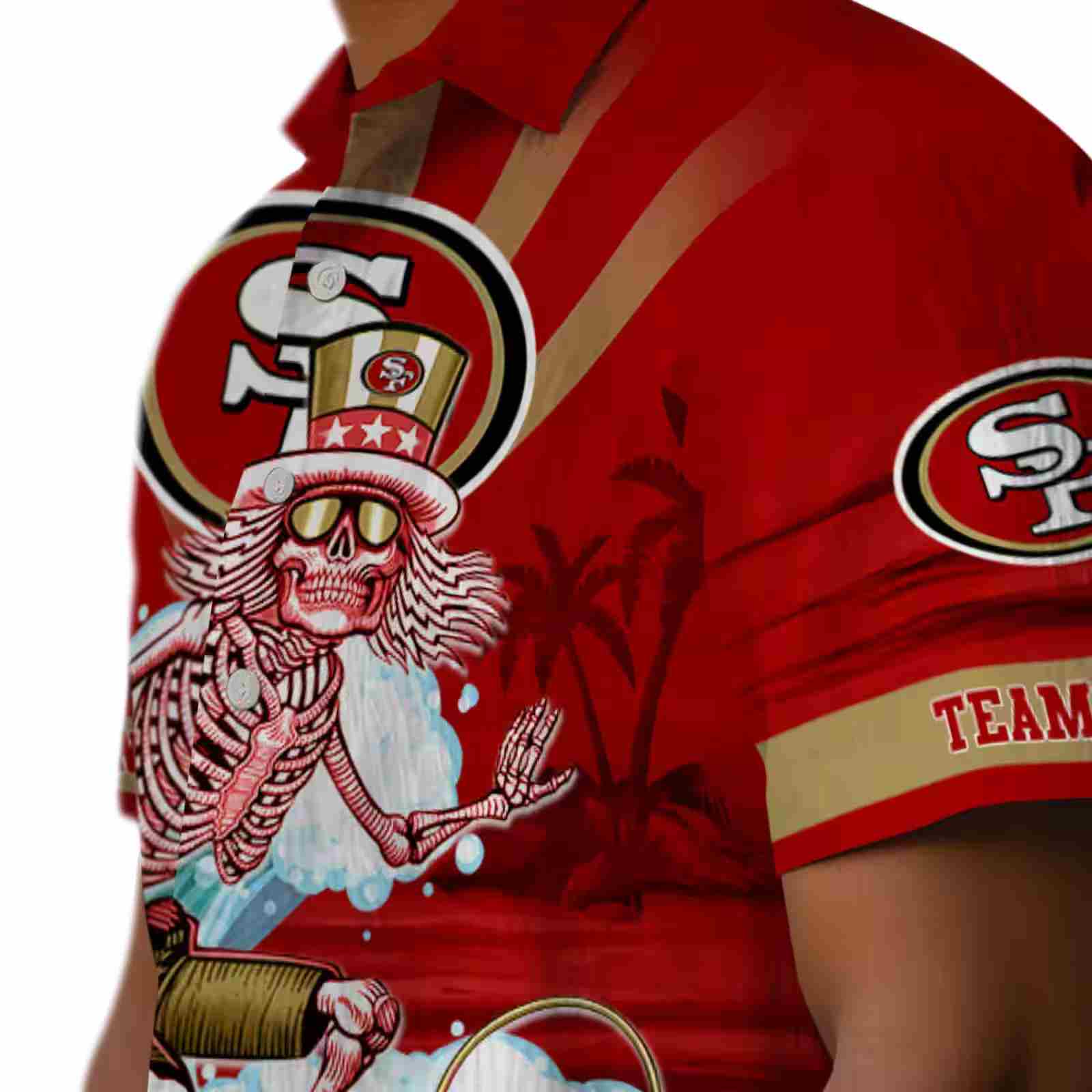 custom san francisco 49ers surfing skeleton red blue hawaiian shirt trendy