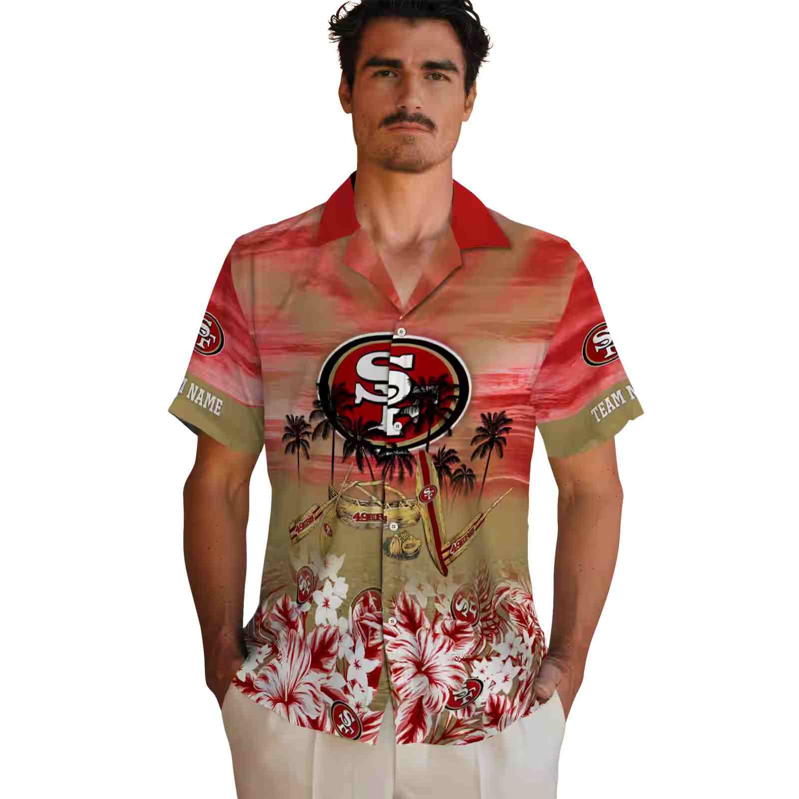 custom san francisco 49ers tropical canoe red hawaiian shirt fashion forward