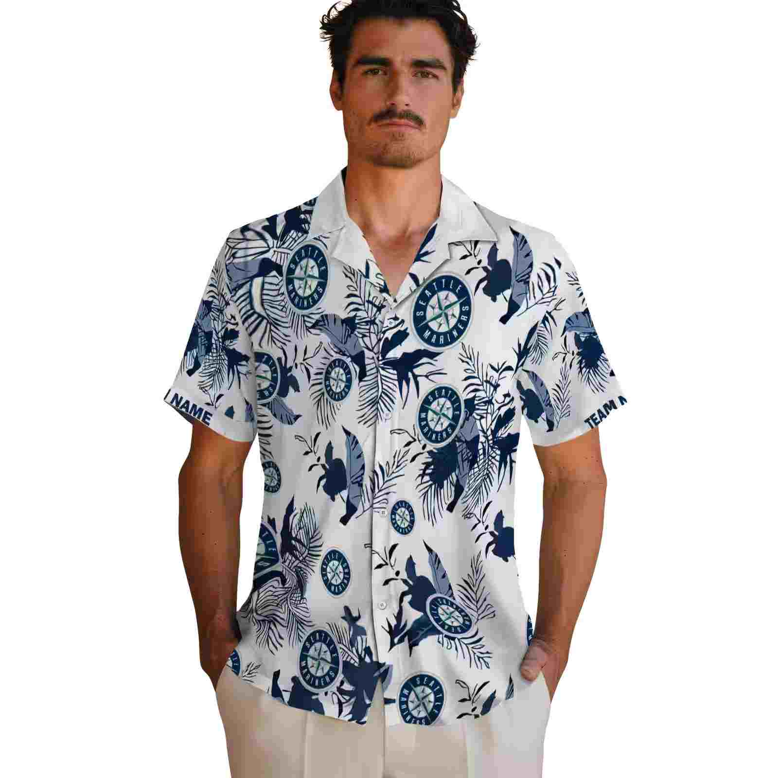 custom seattle mariners botanical theme navy blue white hawaiian shirt fashion forward