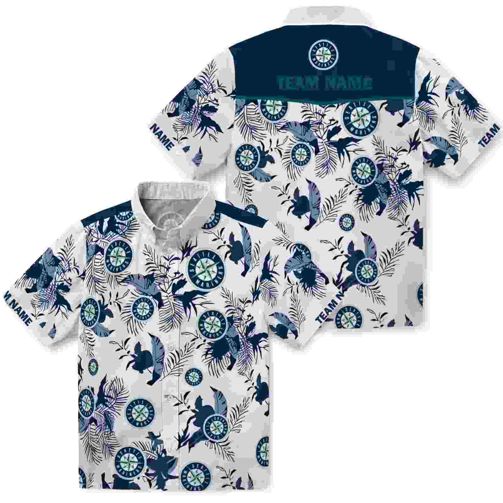 custom seattle mariners botanical theme navy blue white hawaiian shirt high quality