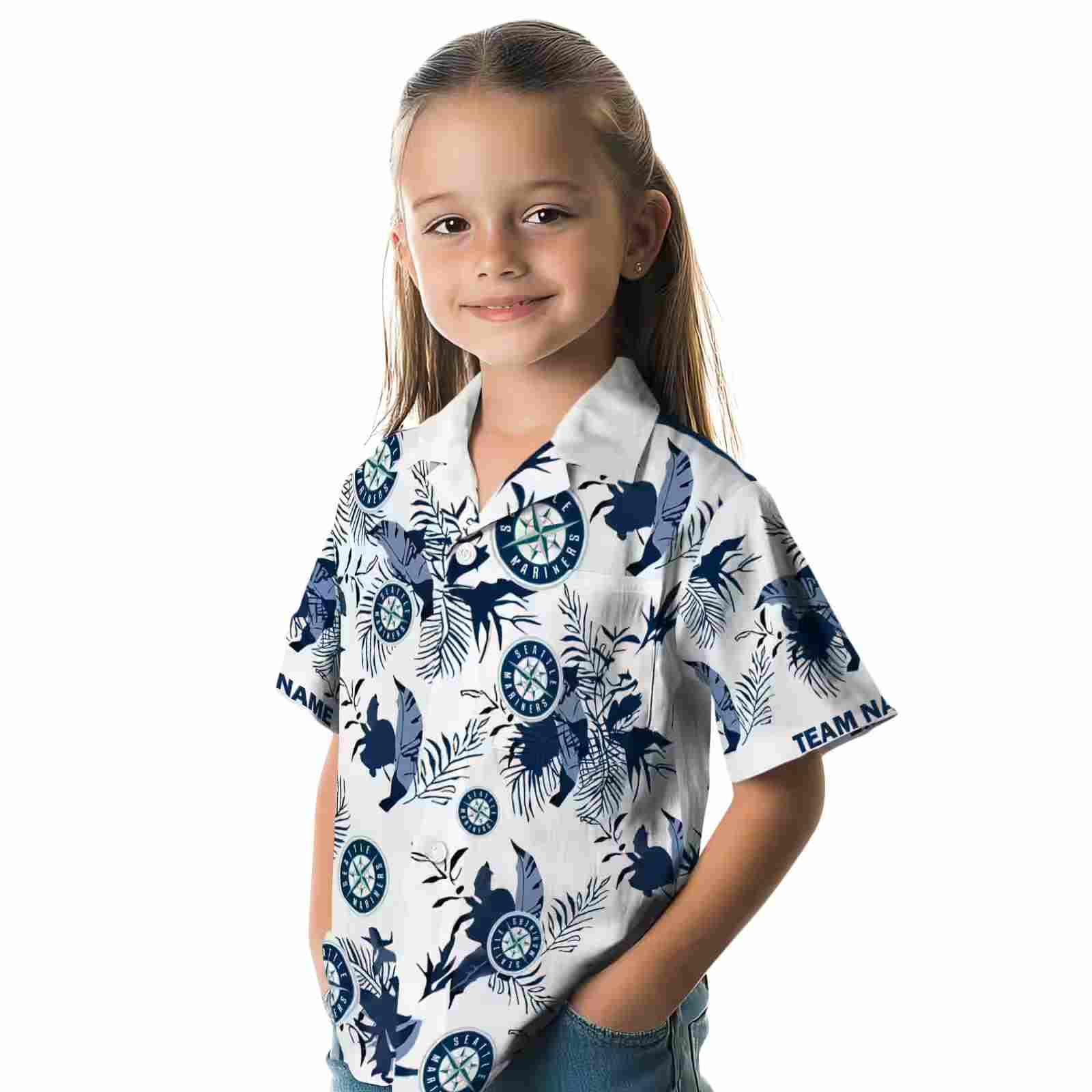 custom seattle mariners botanical theme navy blue white hawaiian shirt premium grade