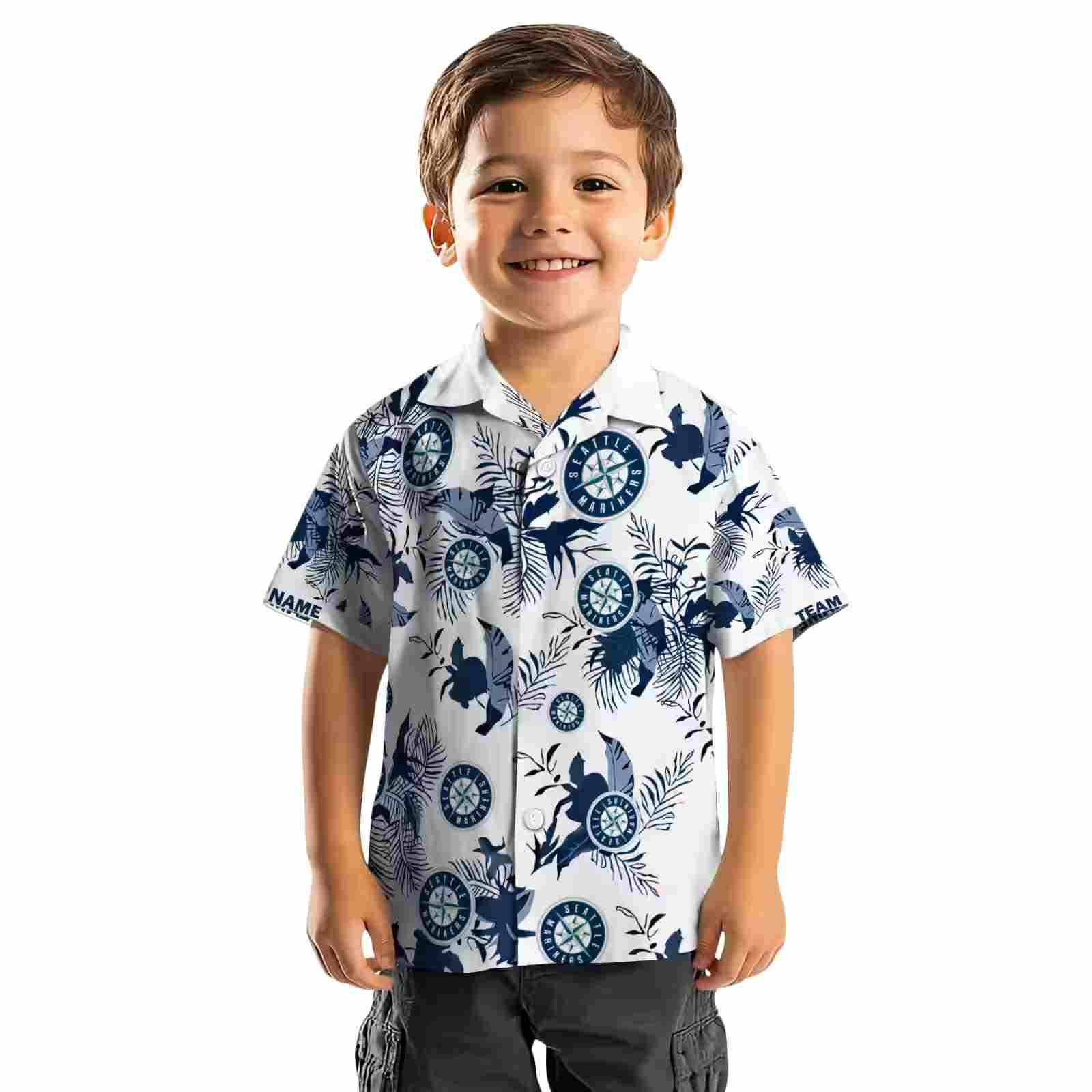 custom seattle mariners botanical theme navy blue white hawaiian shirt top rated