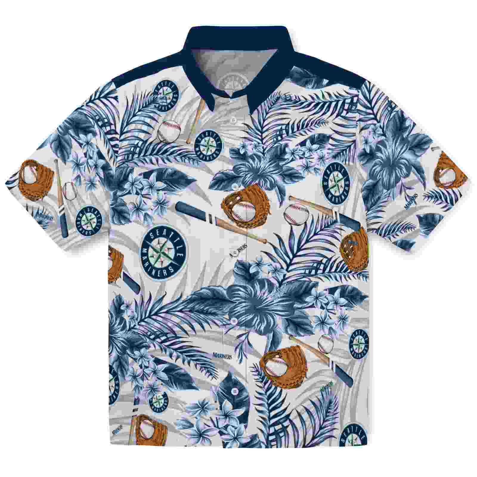 Custom Seattle Mariners Floral Baseball Navy Blue White Hawaiian Shirt