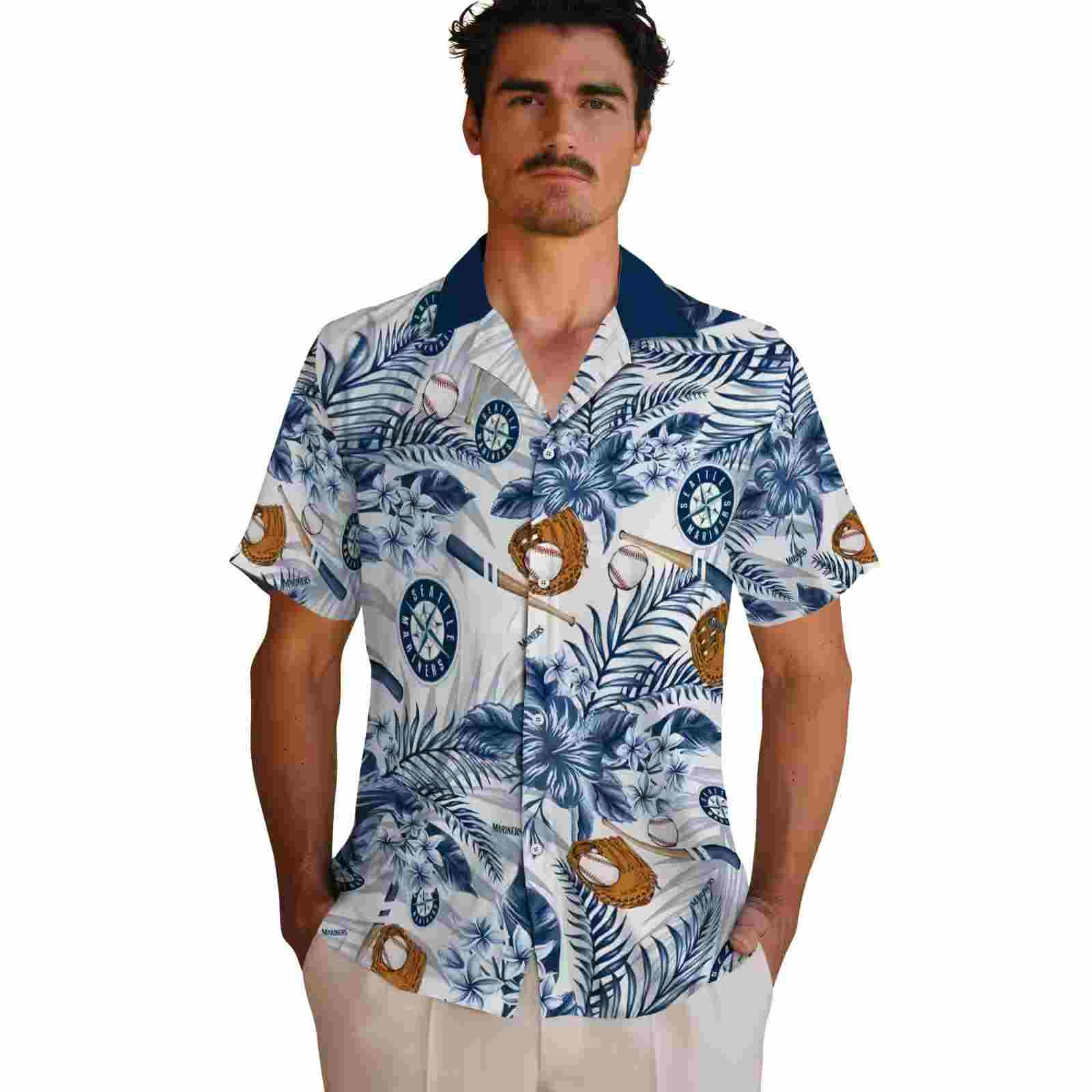 custom seattle mariners floral baseball navy blue white hawaiian shirt fashion forward