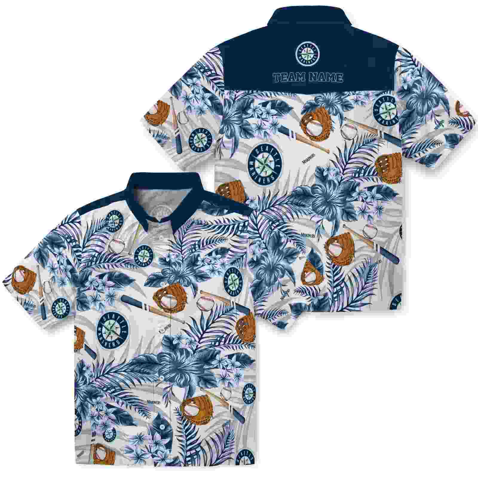 custom seattle mariners floral baseball navy blue white hawaiian shirt high quality