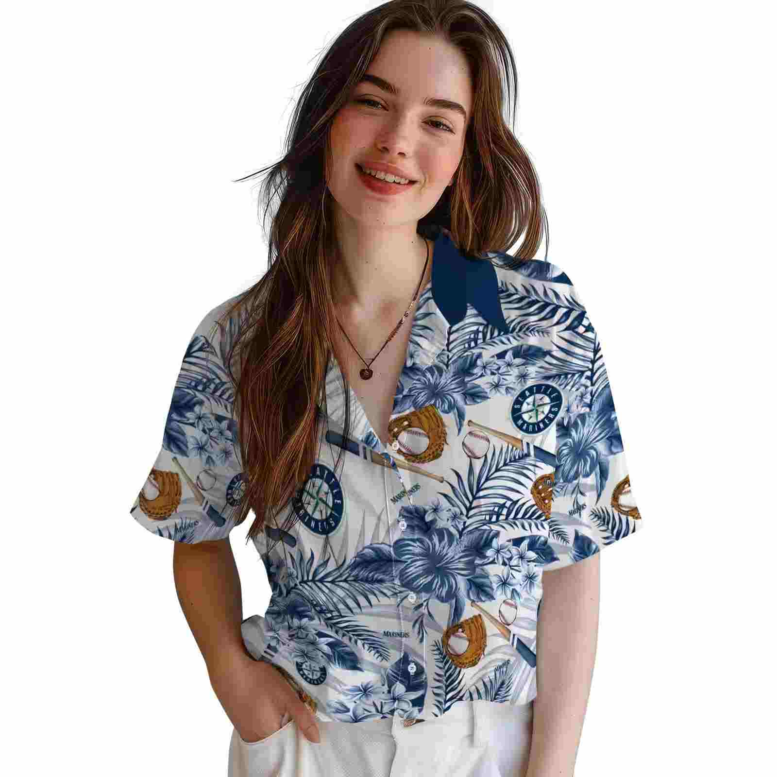 custom seattle mariners floral baseball navy blue white hawaiian shirt latest model