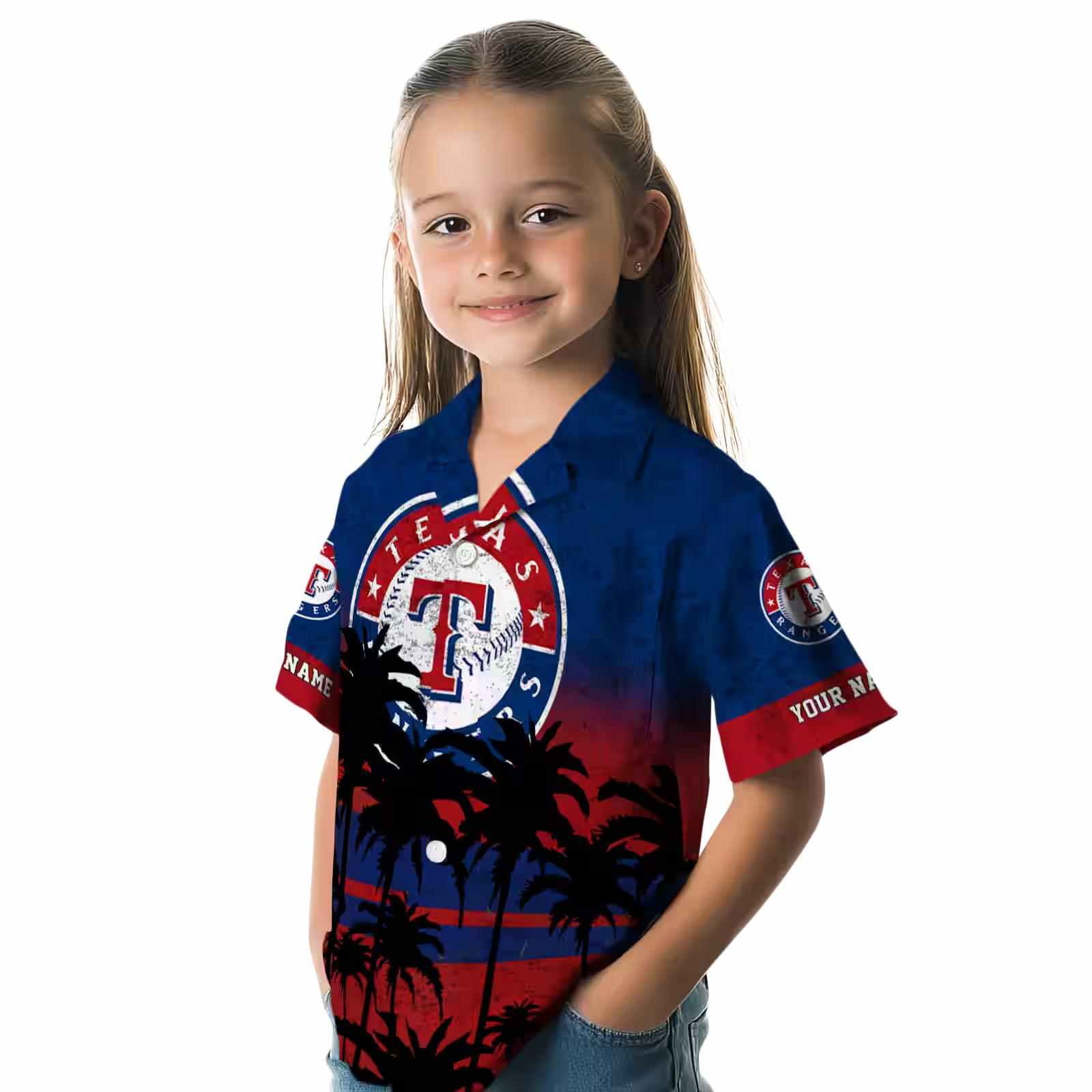 custom texas rangers sunset pattern blue black hawaiian shirt premium grade