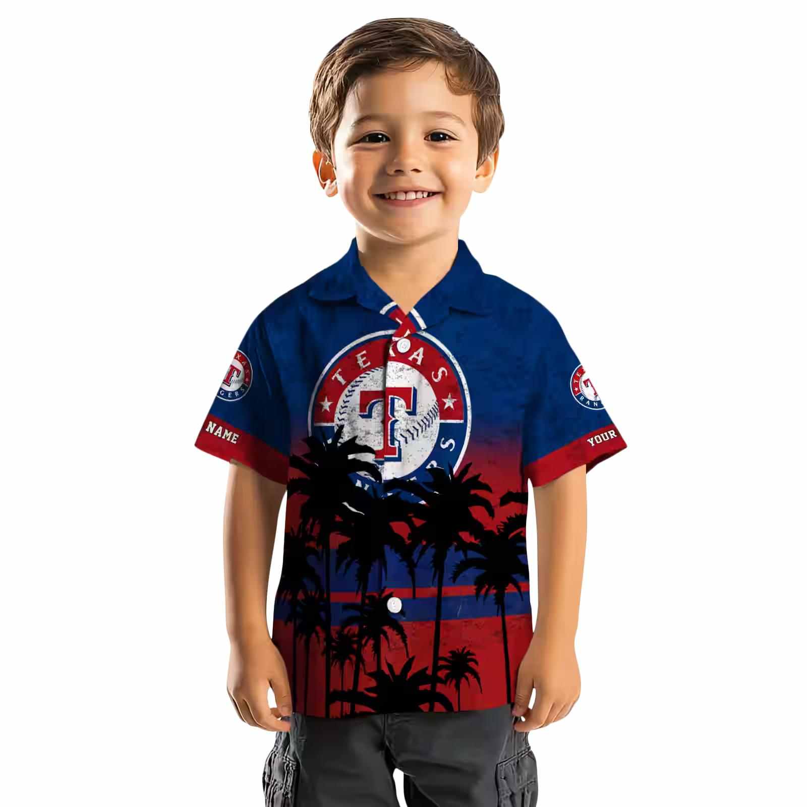 custom texas rangers sunset pattern blue black hawaiian shirt top rated