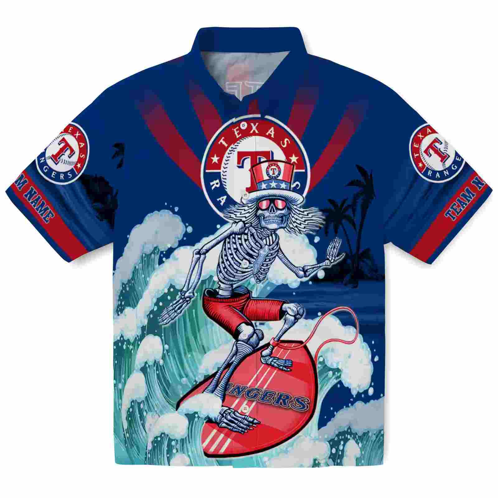 Custom Texas Rangers Surfing Skeleton Blue Hawaiian Shirt