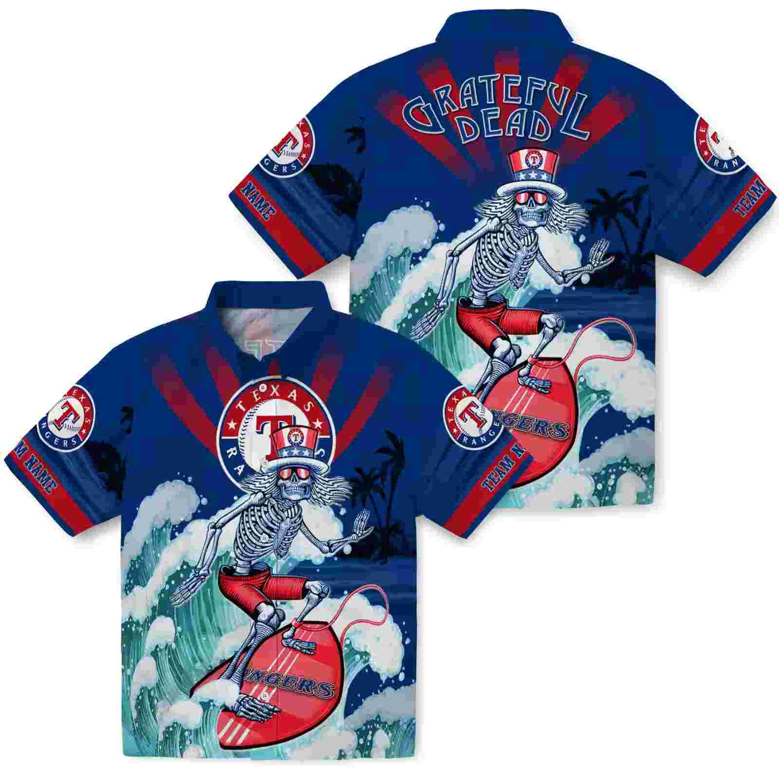 custom texas rangers surfing skeleton blue hawaiian shirt high quality