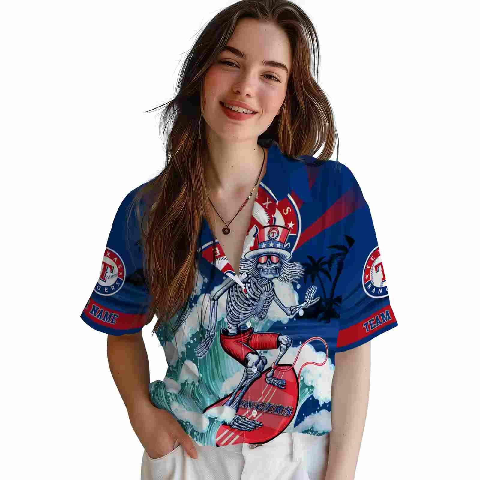 custom texas rangers surfing skeleton blue hawaiian shirt latest model