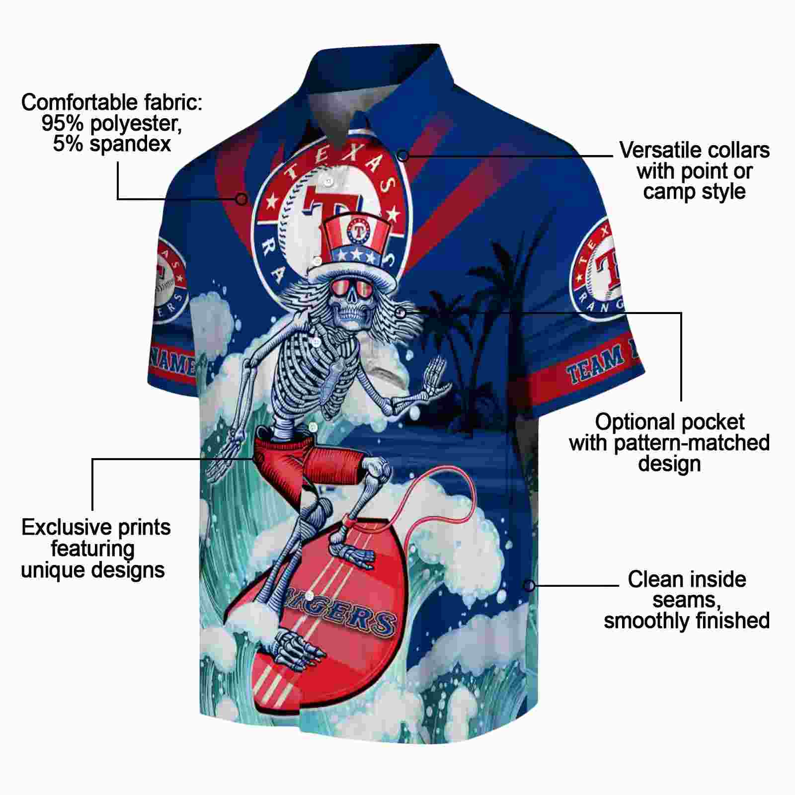 custom texas rangers surfing skeleton blue hawaiian shirt new arrival