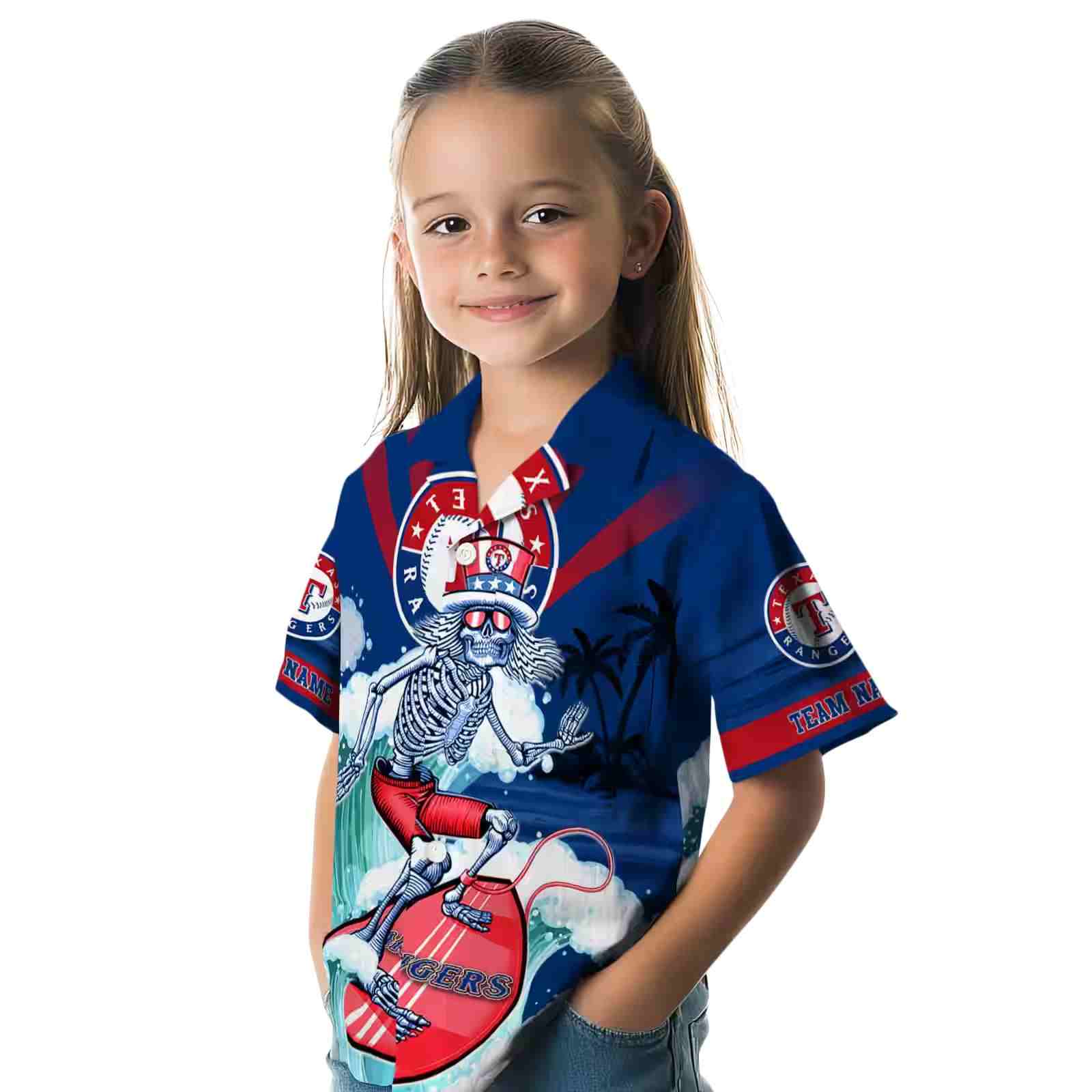 custom texas rangers surfing skeleton blue hawaiian shirt premium grade